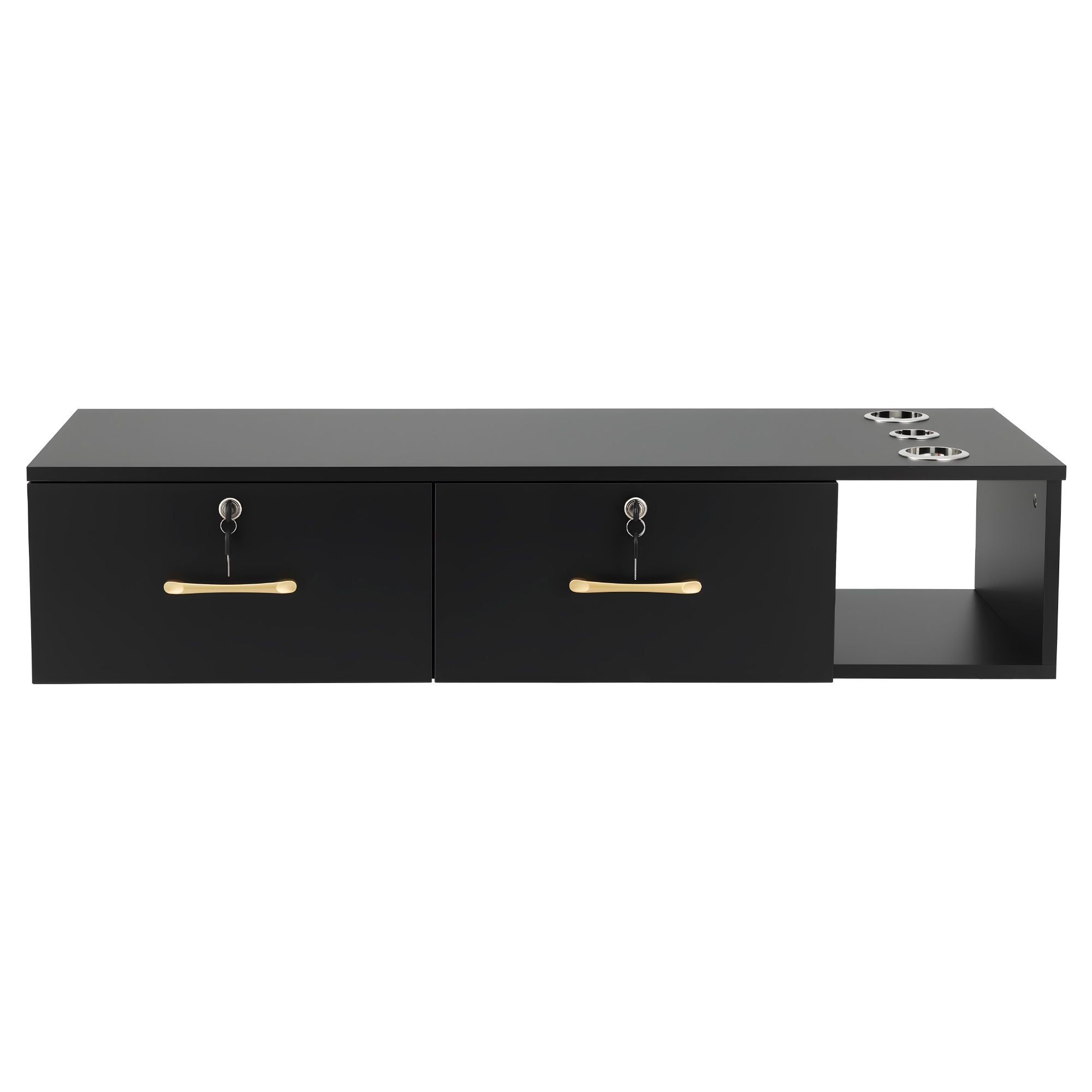 Artiss Wall Mounted Salon Station Cabinet, Hair Styling Station with 2 Lockable Drawers & 3 Appliance Holders, Wooden Barber Spa Equipment for Vanity, Black Bedworld
