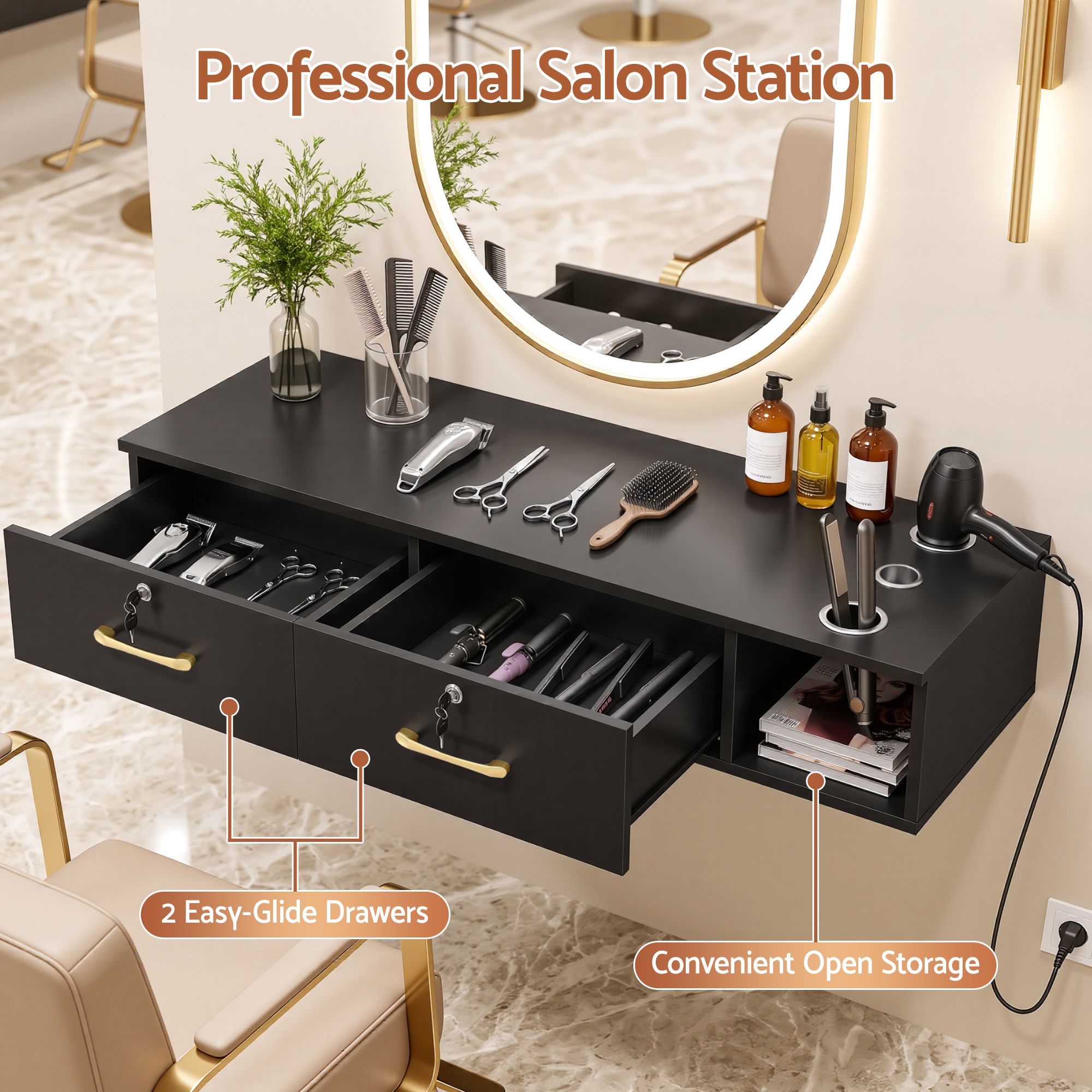 Artiss Wall Mounted Salon Station Cabinet, Hair Styling Station with 2 Lockable Drawers & 3 Appliance Holders, Wooden Barber Spa Equipment for Vanity, Black Bedworld