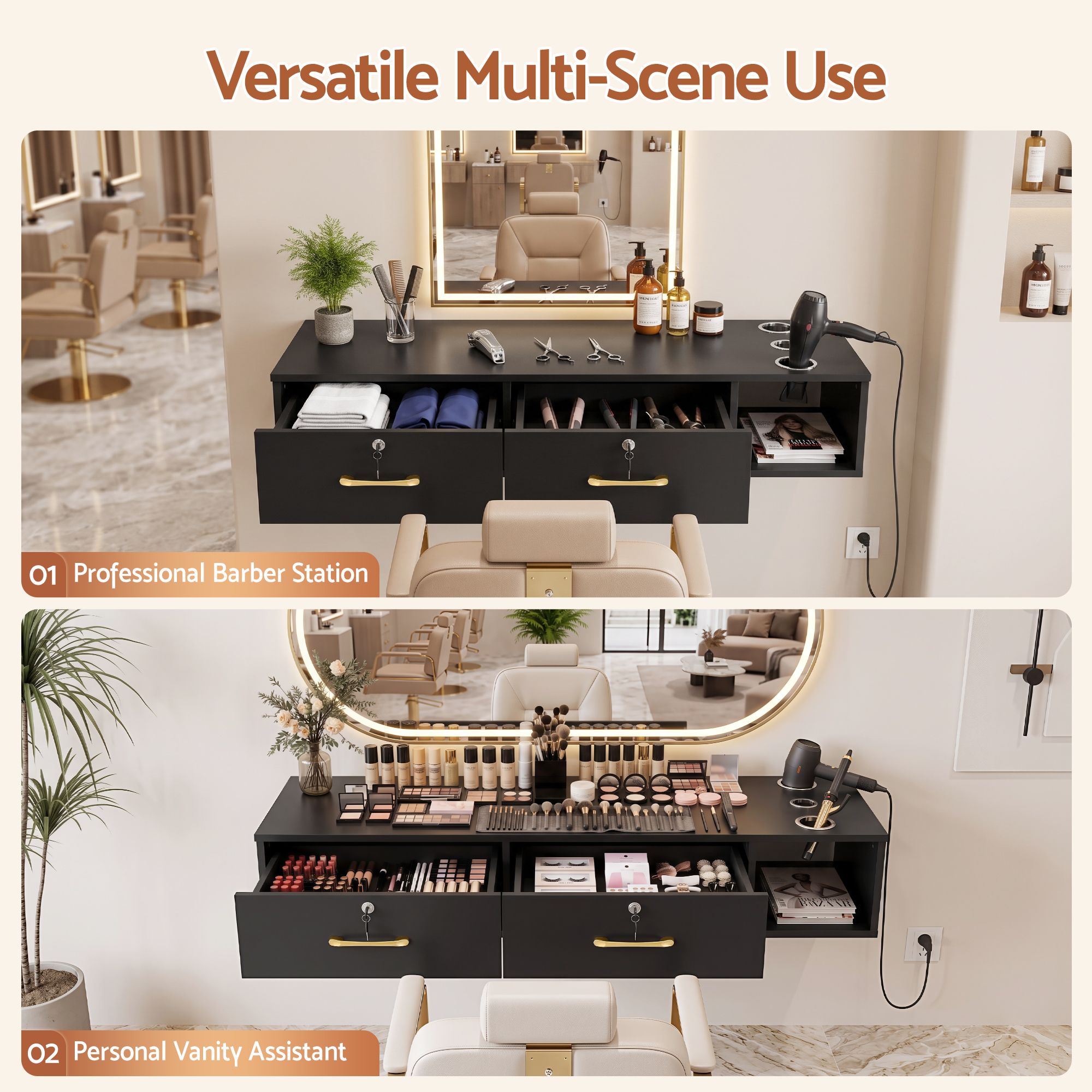 Artiss Wall Mounted Salon Station Cabinet, Hair Styling Station with 2 Lockable Drawers & 3 Appliance Holders, Wooden Barber Spa Equipment for Vanity, Black Bedworld