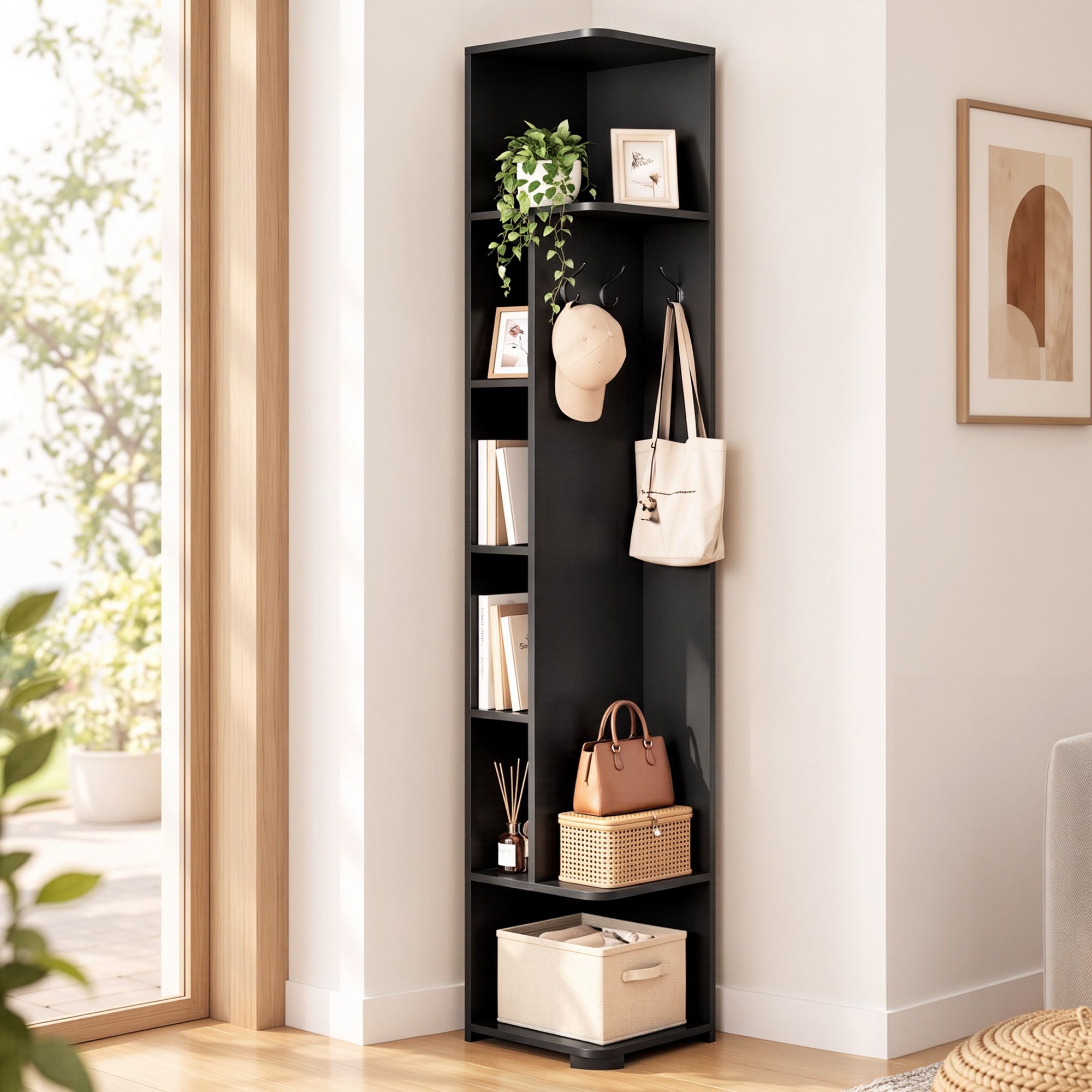 Artiss Corner Bookshelf 6-Tier Shelving with Coat Rack Black Bedworld