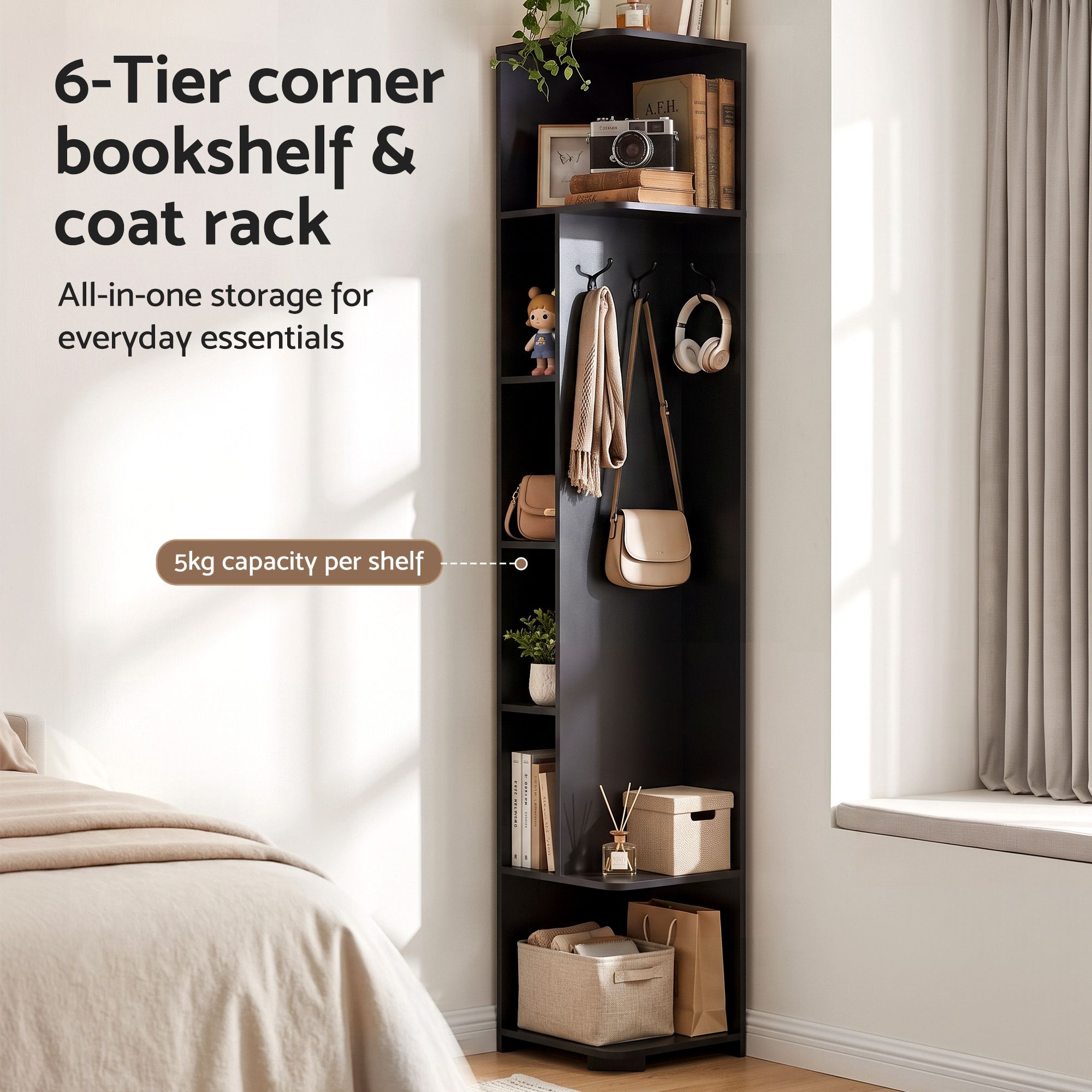 Artiss Corner Bookshelf 6-Tier Shelving with Coat Rack Black Bedworld