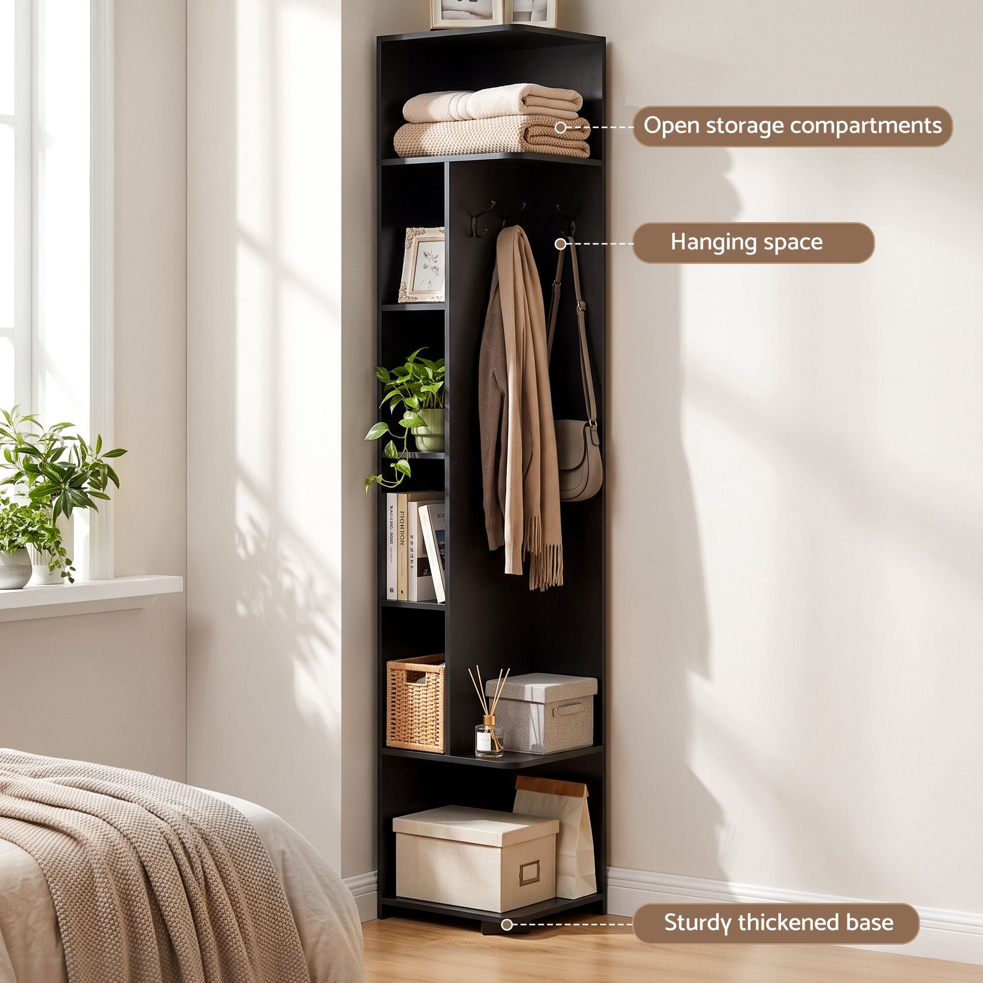 Artiss Corner Bookshelf 6-Tier Shelving with Coat Rack Black Bedworld