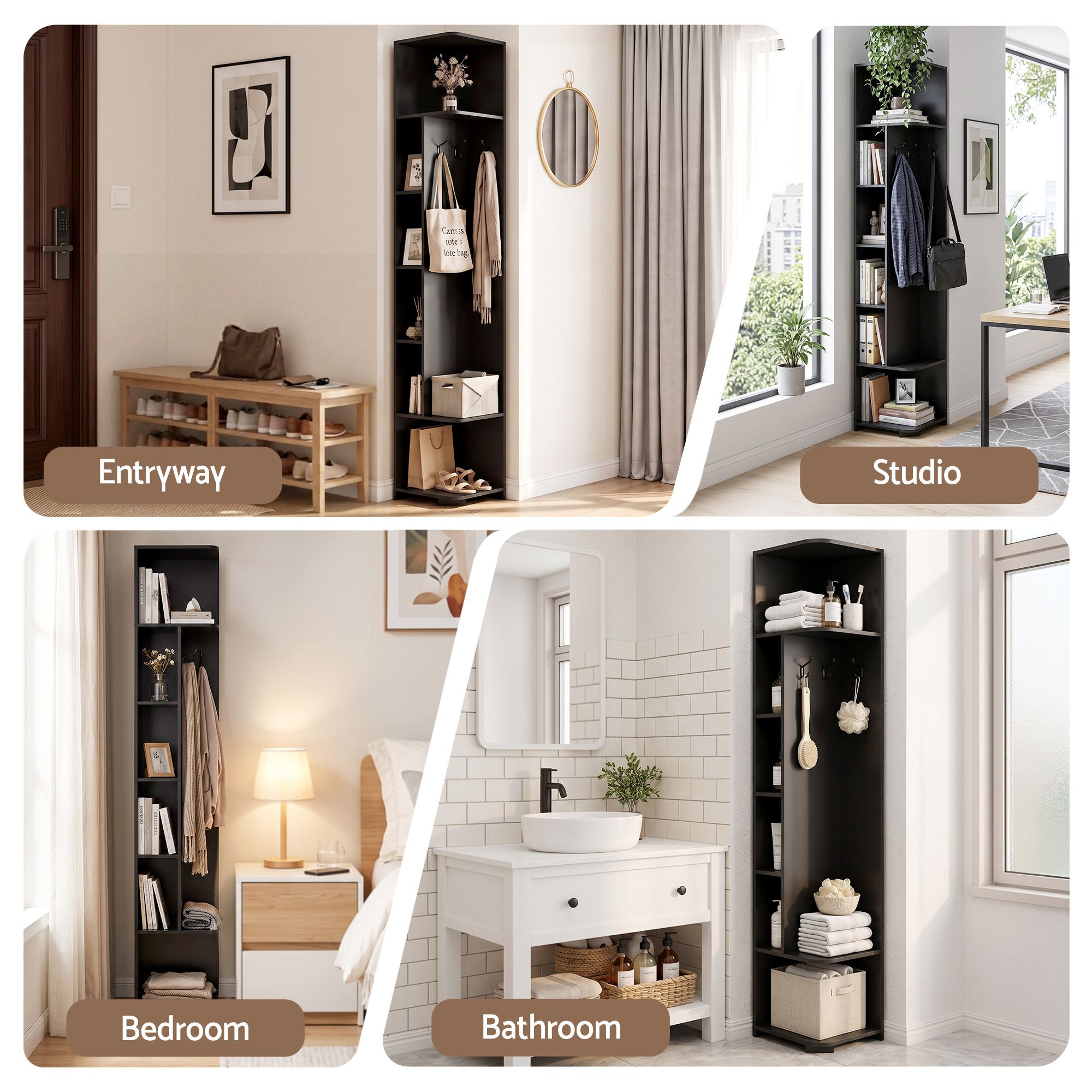 Artiss Corner Bookshelf 6-Tier Shelving with Coat Rack Black Bedworld