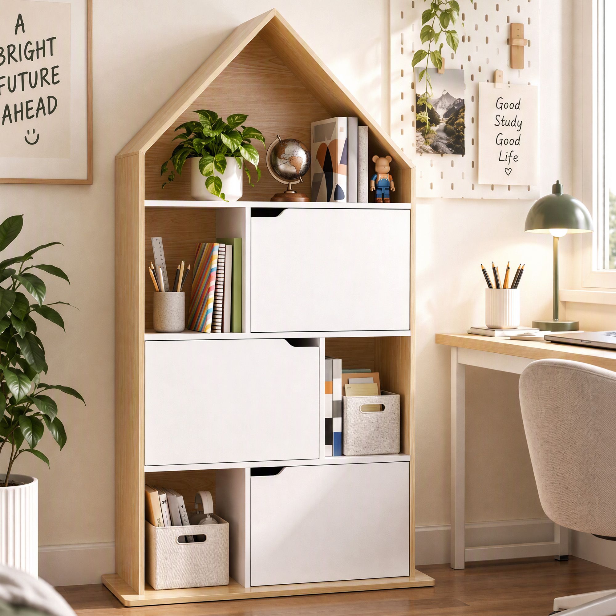 Artiss House Bookshelf 4 Tier Kids Storage Cabinet Shelf Unit White Pine Bedworld