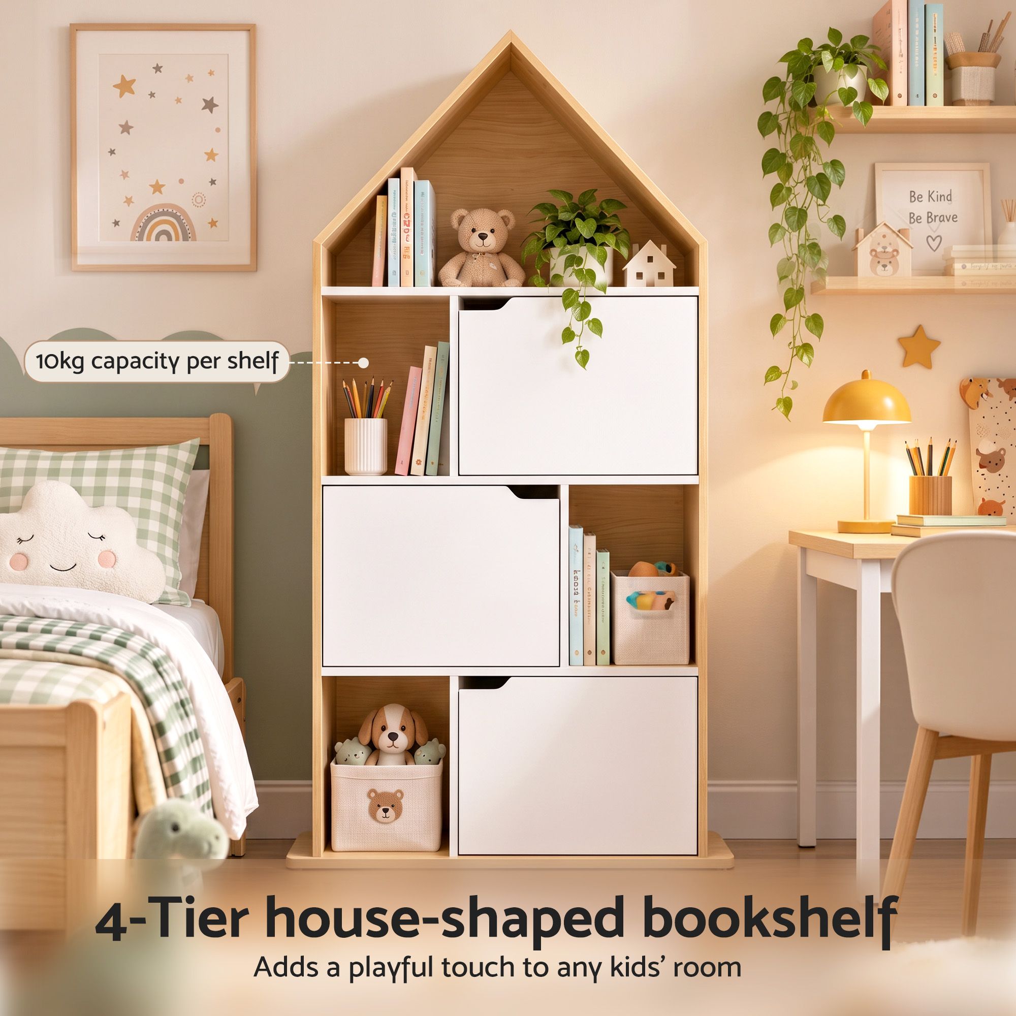 Artiss House Bookshelf 4 Tier Kids Storage Cabinet Shelf Unit White Pine Bedworld