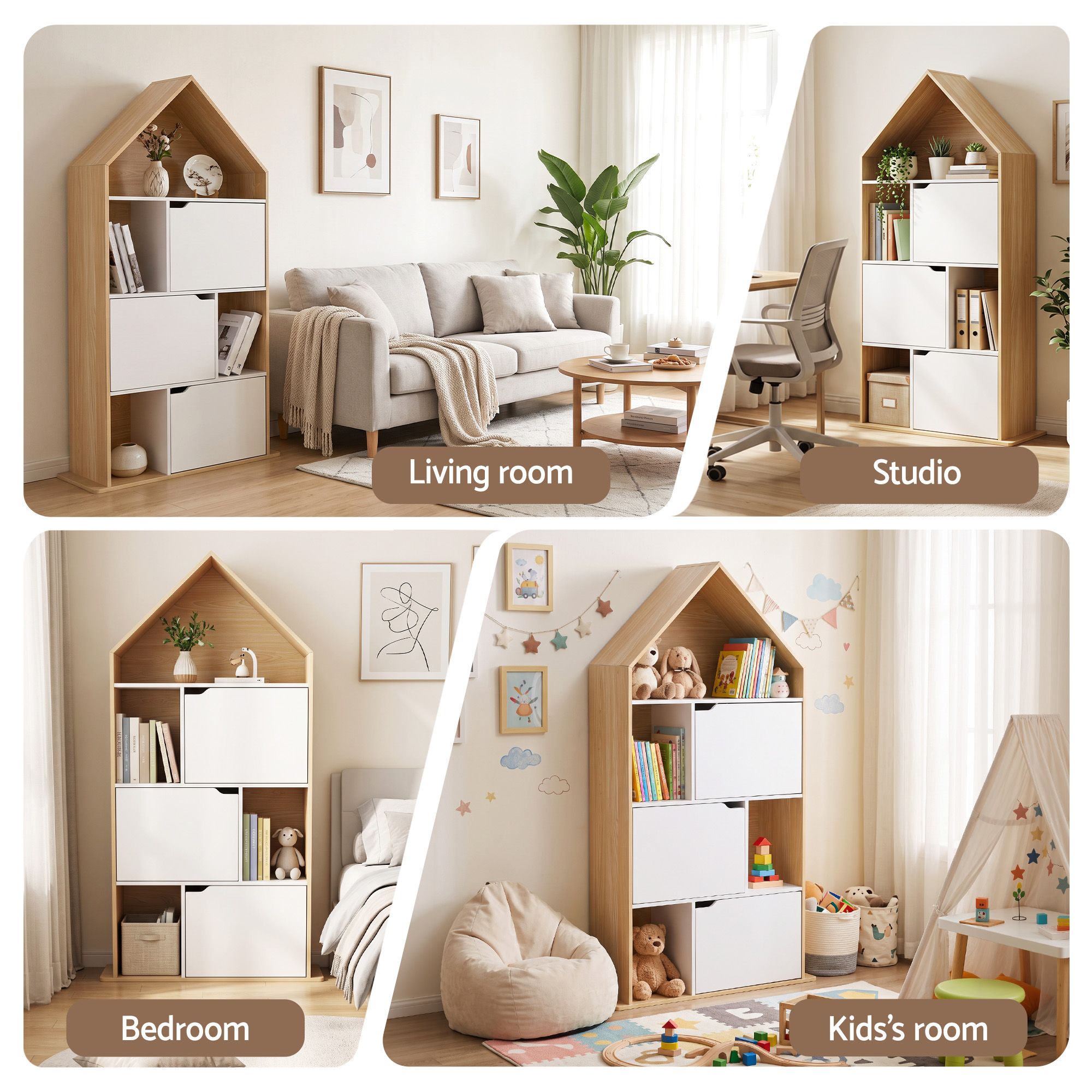 Artiss House Bookshelf 4 Tier Kids Storage Cabinet Shelf Unit White Pine Bedworld