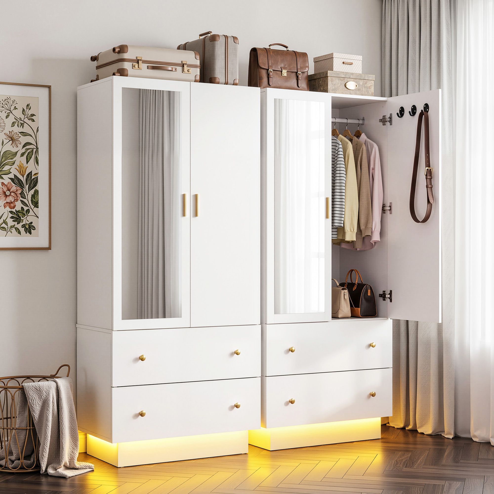 Artiss LED Wardrobe Cabinet Clothes Storage with Mirror 2 Drawers Hanging Rail Bedworld