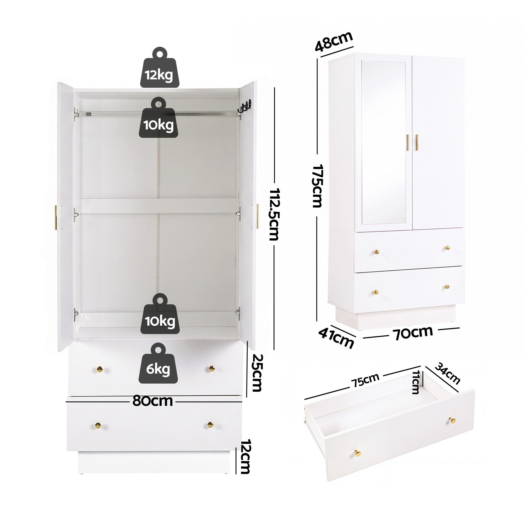 Artiss LED Wardrobe Cabinet Clothes Storage with Mirror 2 Drawers Hanging Rail Bedworld