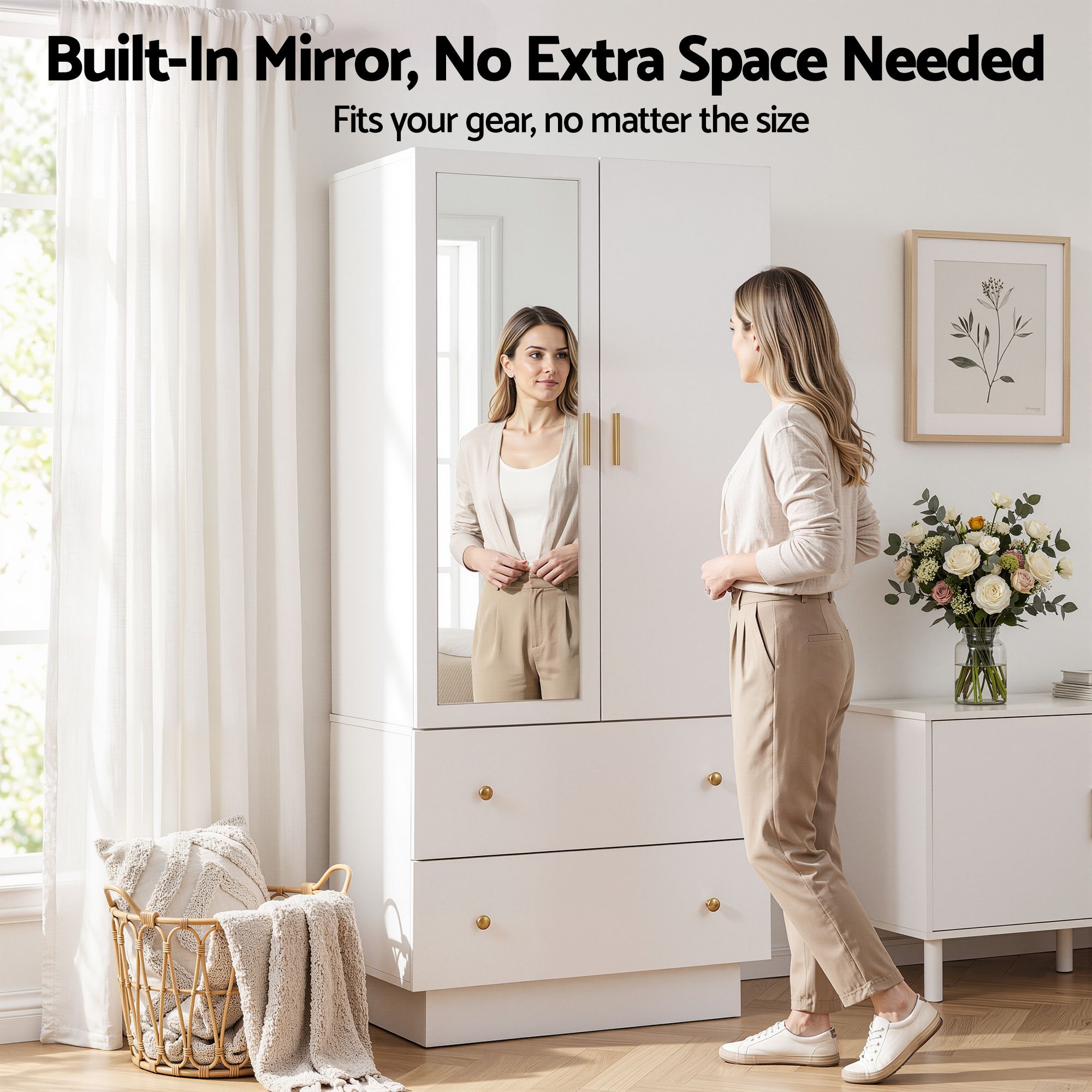 Artiss LED Wardrobe Cabinet Clothes Storage with Mirror 2 Drawers Hanging Rail Bedworld