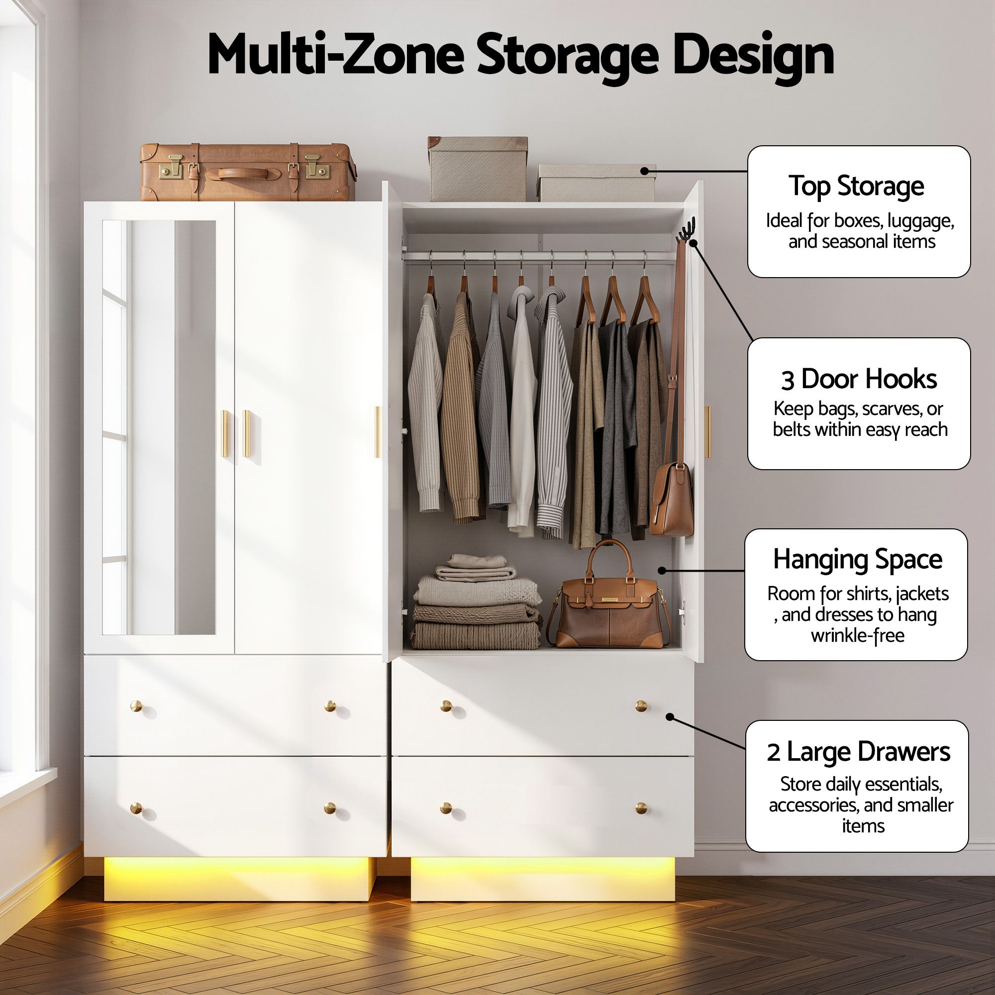 Artiss LED Wardrobe Cabinet Clothes Storage with Mirror 2 Drawers Hanging Rail Bedworld