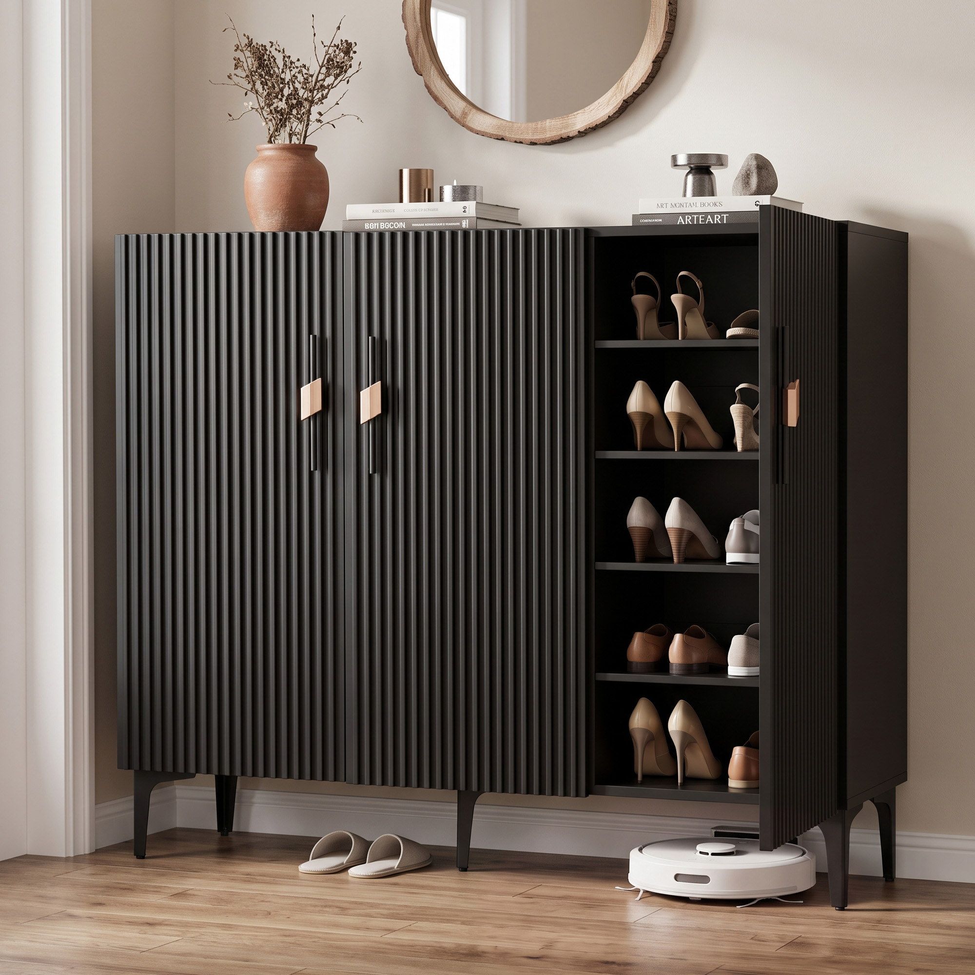 Artiss Shoe Cabinet Fluted Style 25 Pairs Shoe Storage Cupboard Black Bedworld