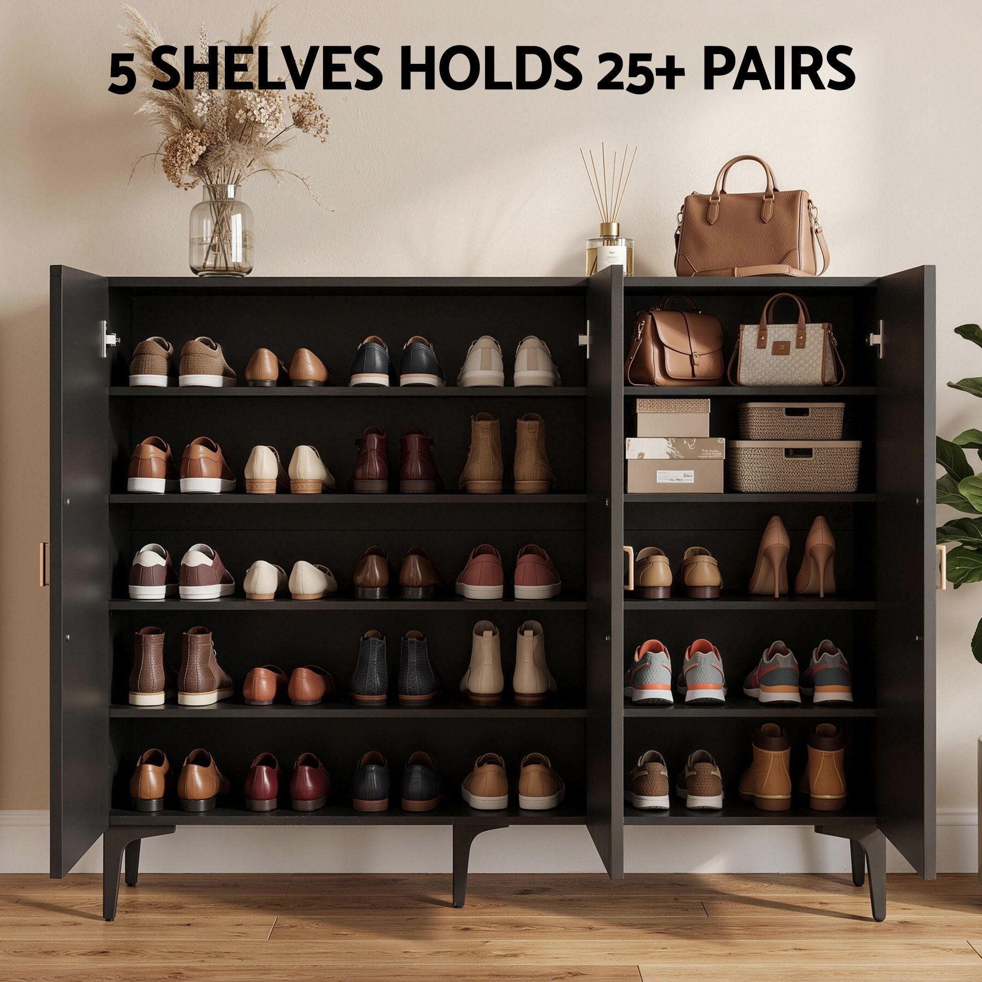 Artiss Shoe Cabinet Fluted Style 25 Pairs Shoe Storage Cupboard Black Bedworld