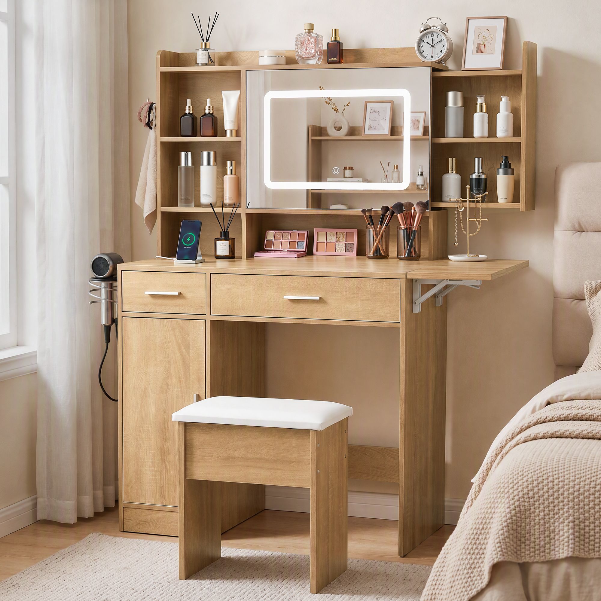 Artiss Dressing Table Vanity Desk Set Stool LED Charging Station Wood Bedworld