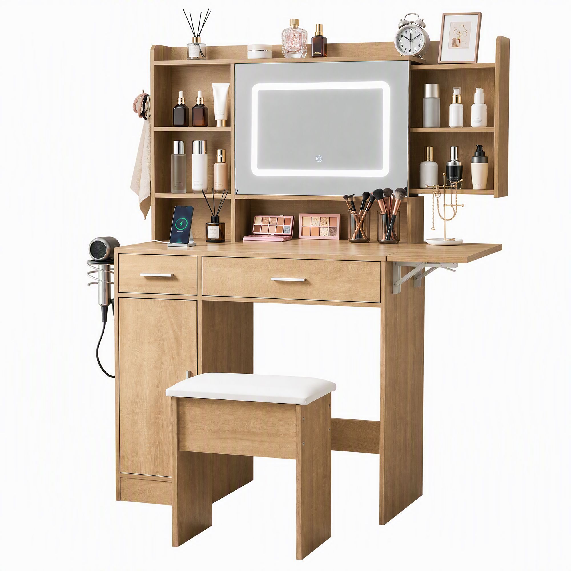 Artiss Dressing Table Vanity Desk Set Stool LED Charging Station Wood Bedworld
