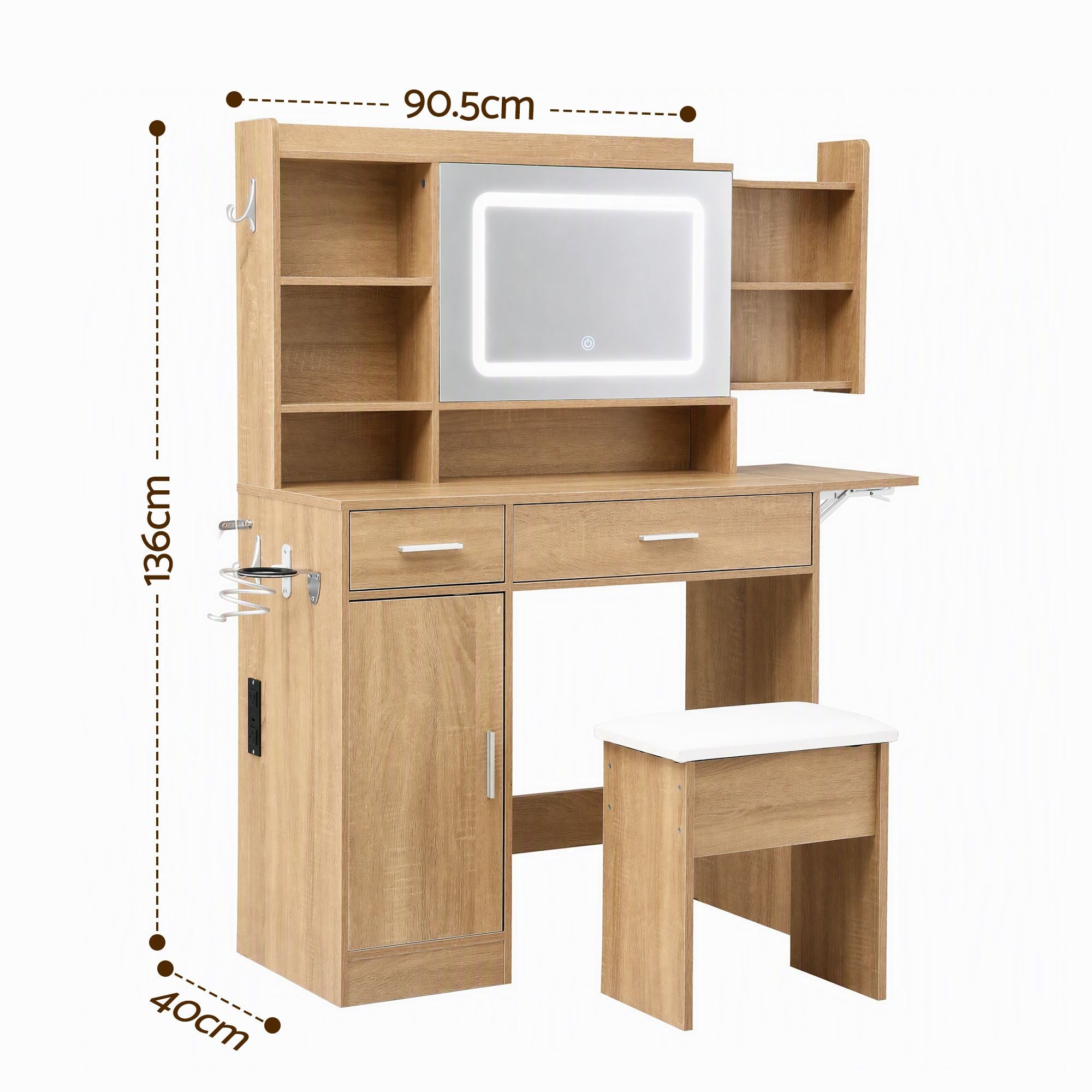 Artiss Dressing Table Vanity Desk Set Stool LED Charging Station Wood Bedworld