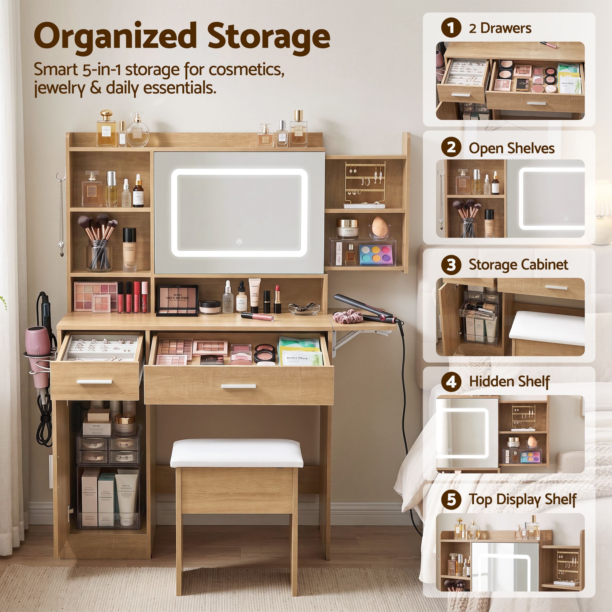 Artiss Dressing Table Vanity Desk Set Stool LED Charging Station Wood Bedworld