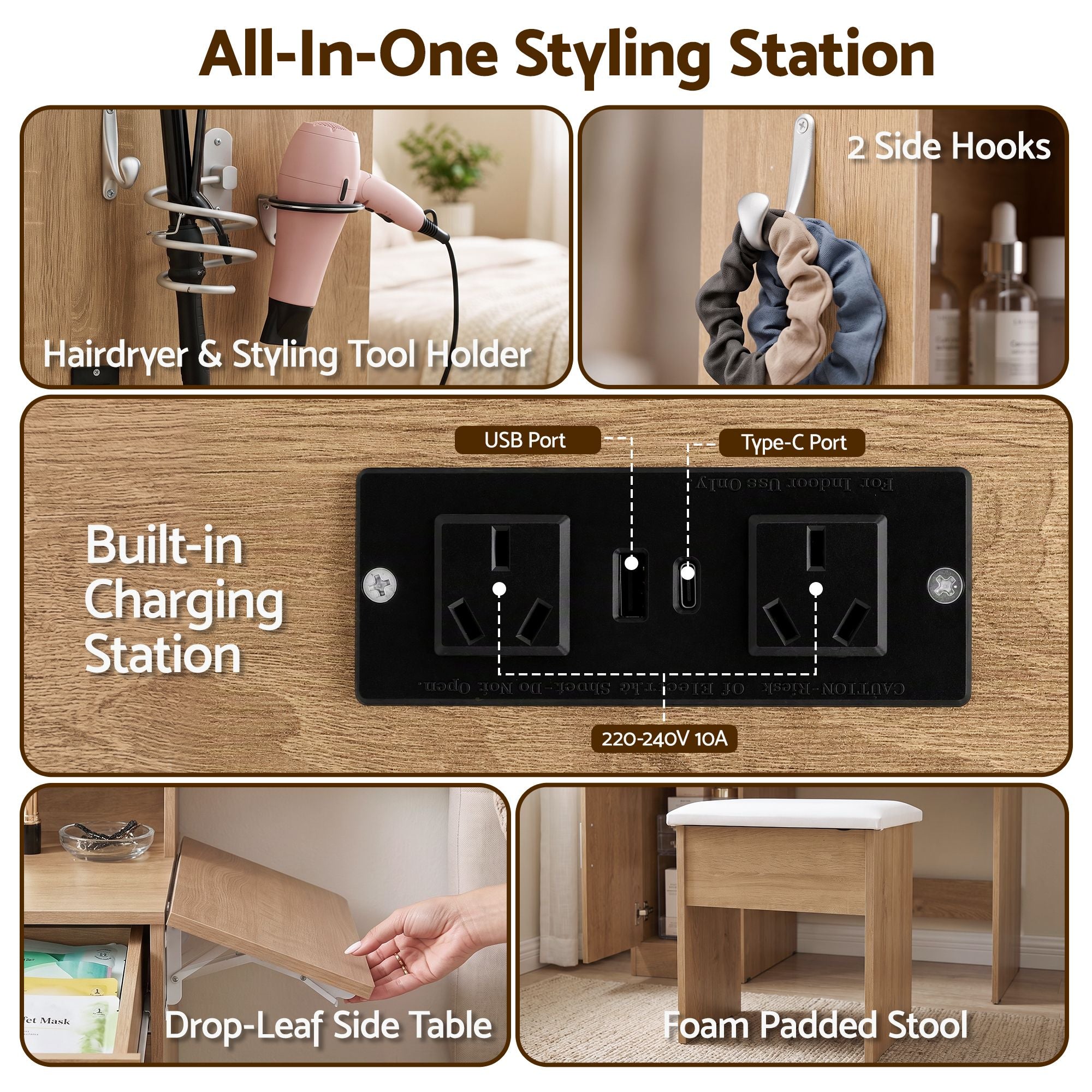 Artiss Dressing Table Vanity Desk Set Stool LED Charging Station Wood Bedworld