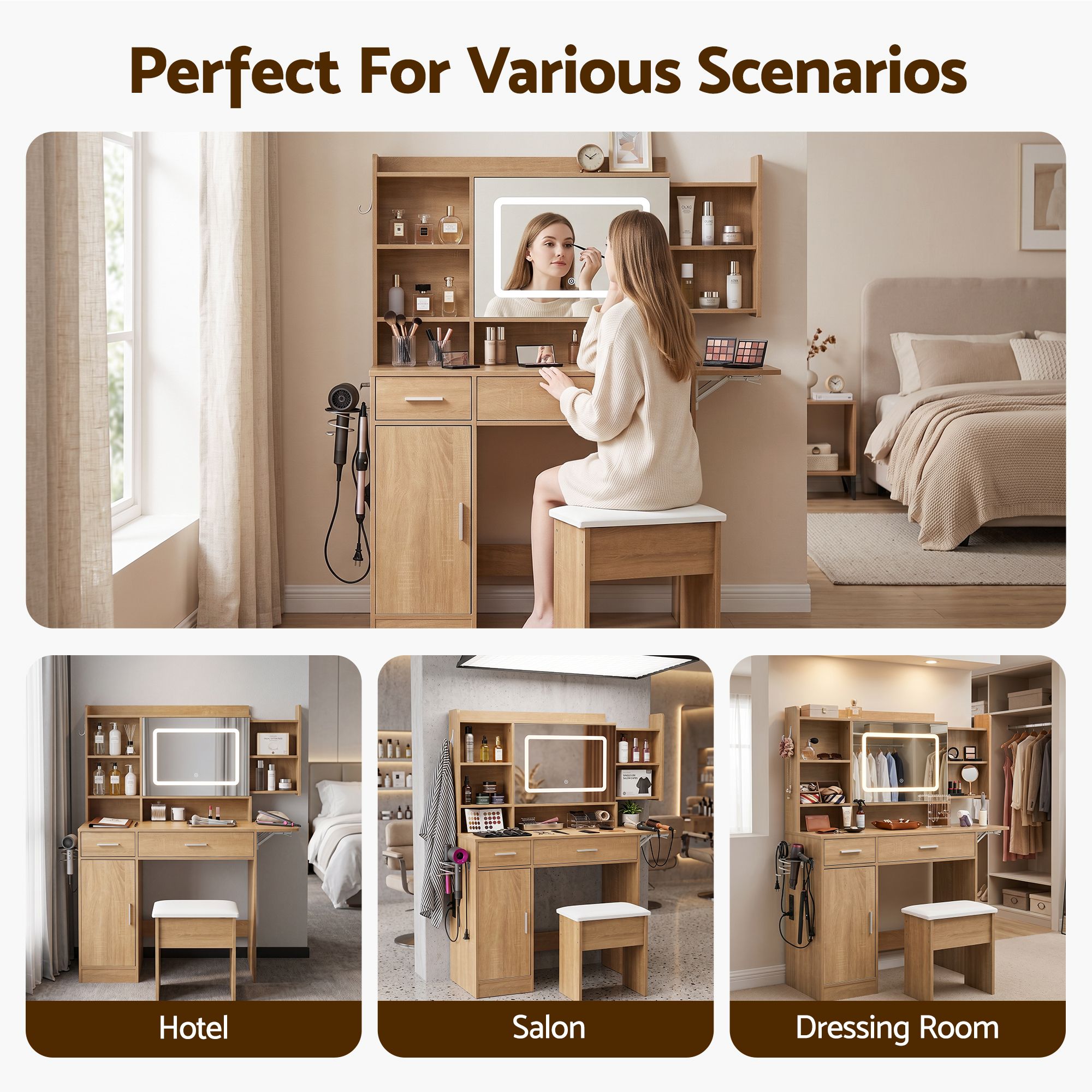 Artiss Dressing Table Vanity Desk Set Stool LED Charging Station Wood Bedworld