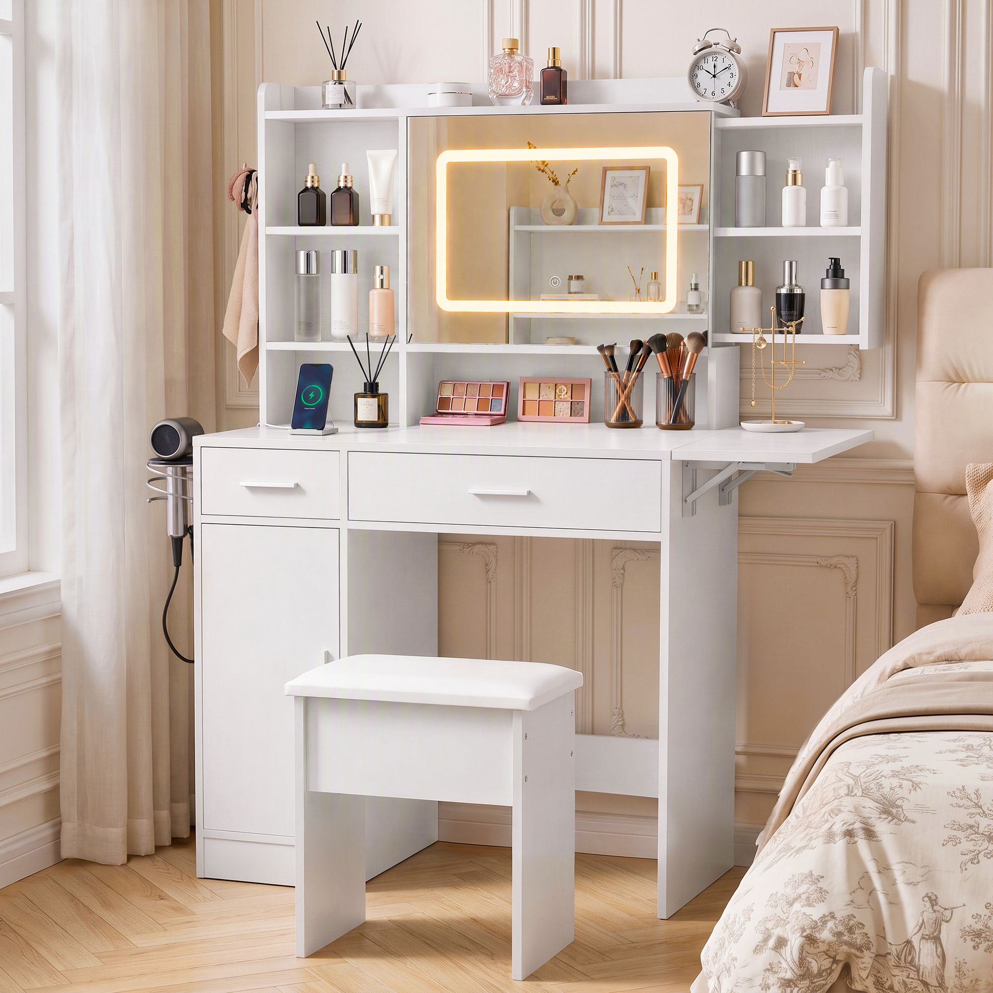 Artiss Dressing Table Vanity Desk Set Stool LED Charging Station White Bedworld