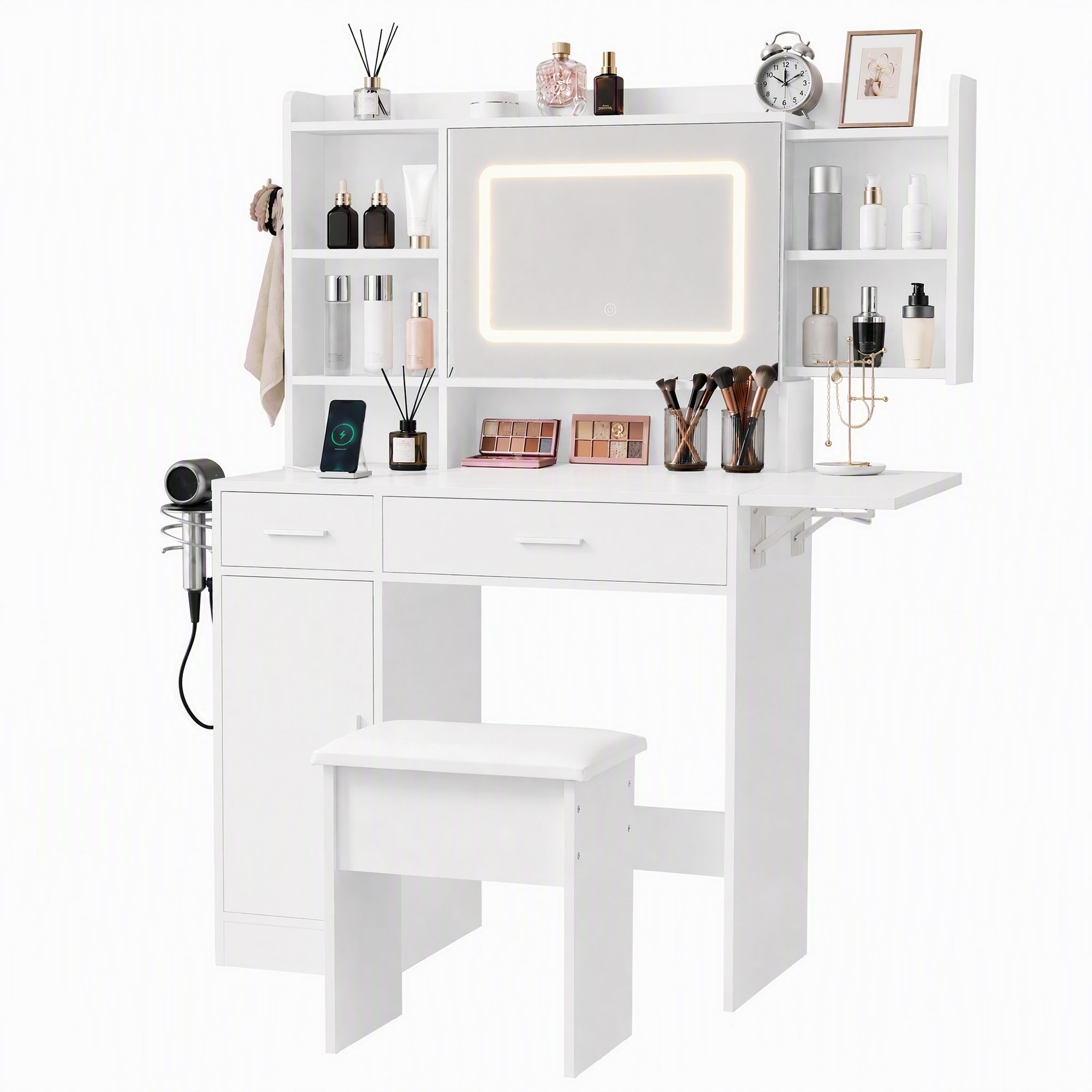 Artiss Dressing Table Vanity Desk Set Stool LED Charging Station White Bedworld