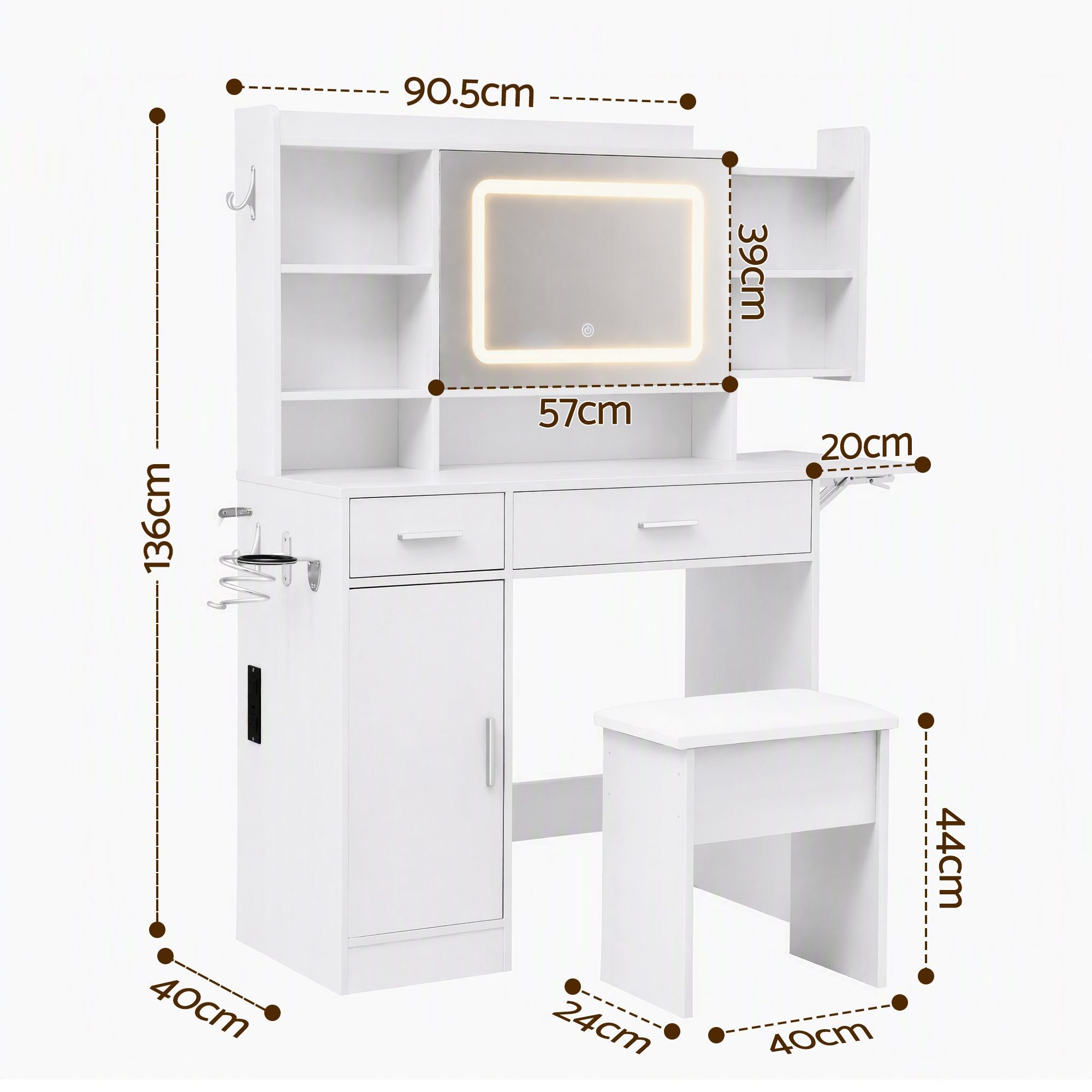 Artiss Dressing Table Vanity Desk Set Stool LED Charging Station White Bedworld