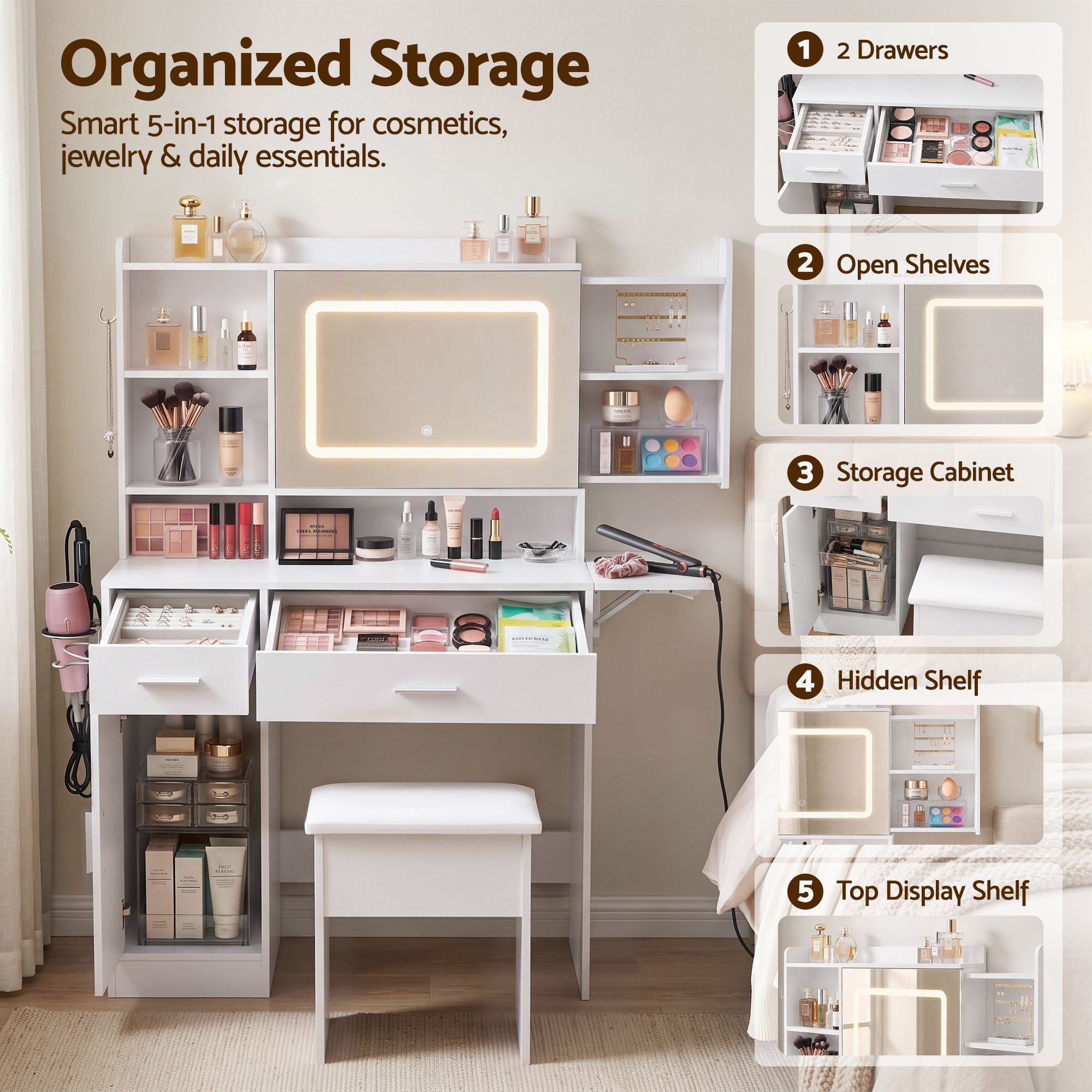 Artiss Dressing Table Vanity Desk Set Stool LED Charging Station White Bedworld