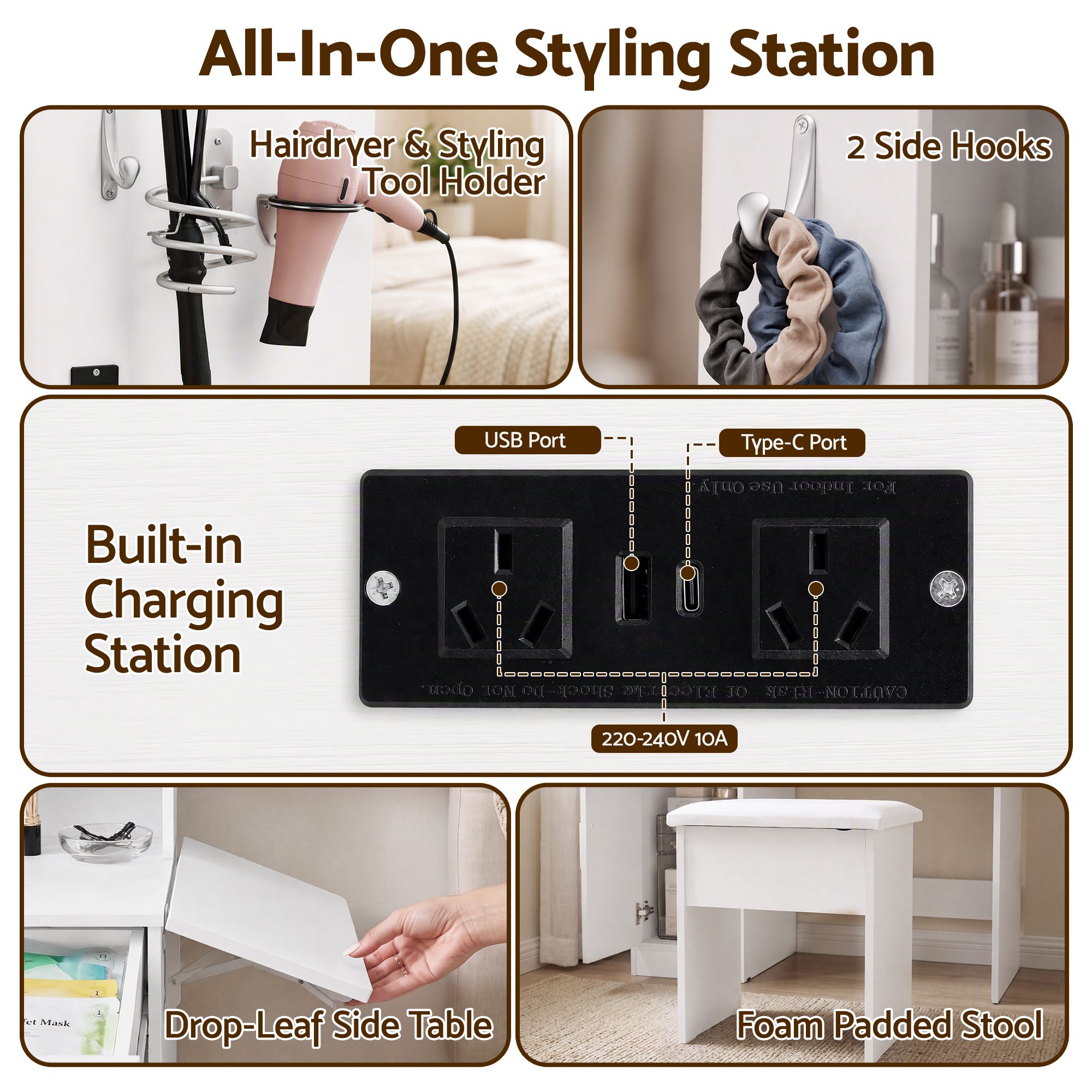 Artiss Dressing Table Vanity Desk Set Stool LED Charging Station White Bedworld