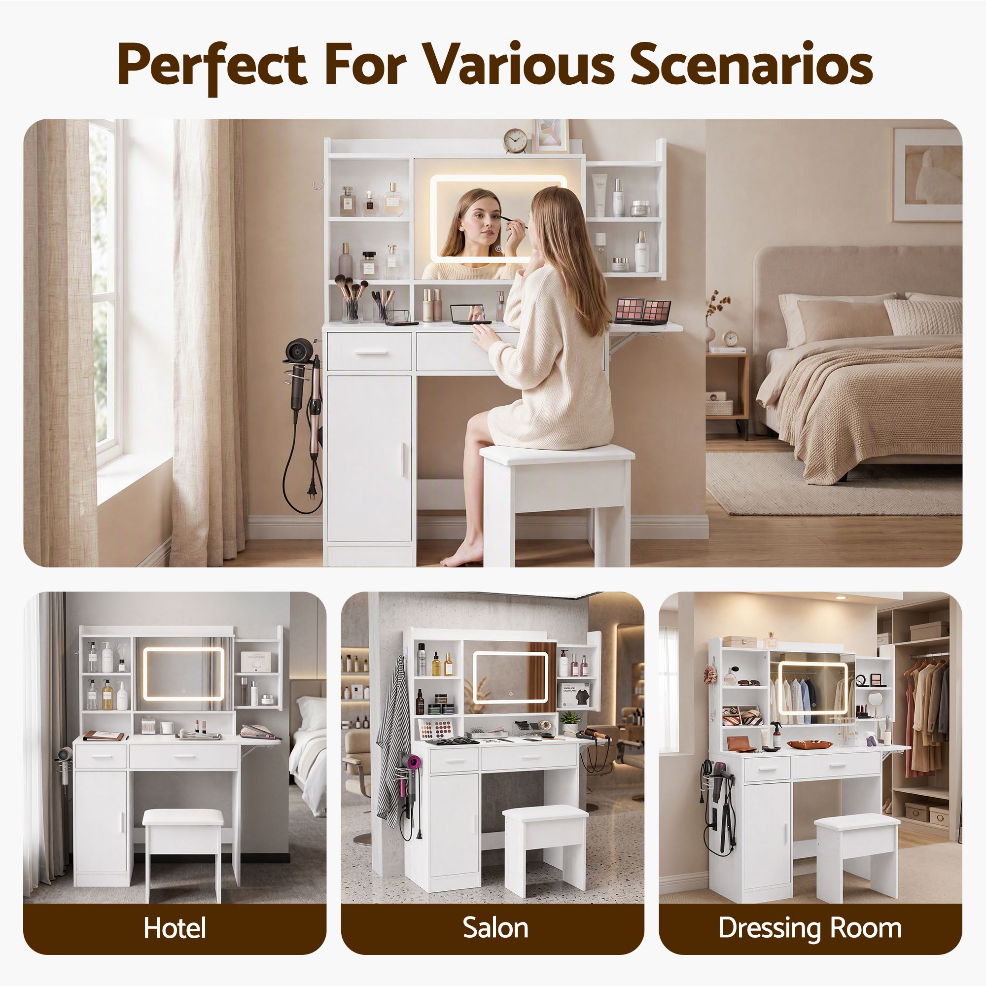 Artiss Dressing Table Vanity Desk Set Stool LED Charging Station White Bedworld