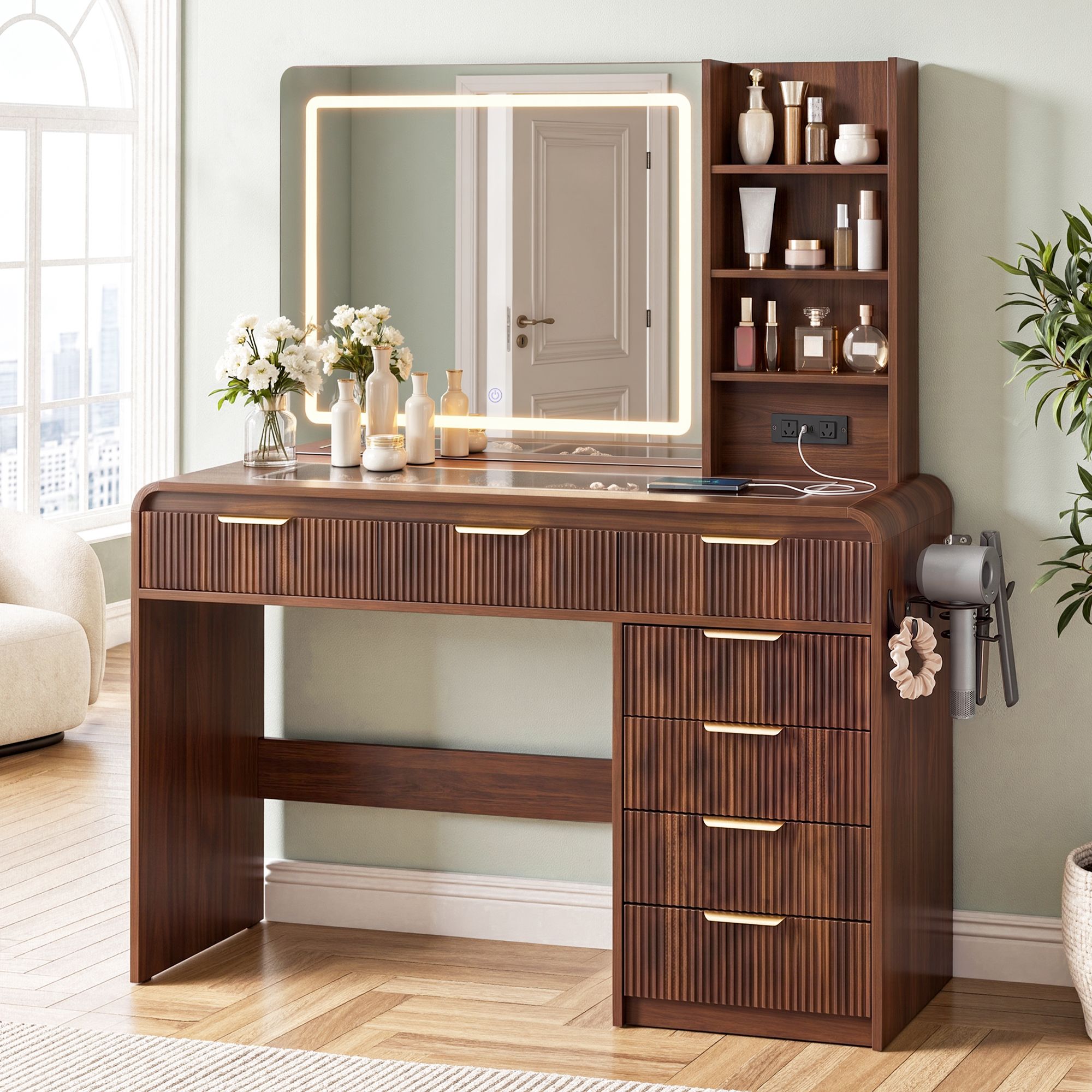 Artiss Dressing Table Vanity Desk LED Lighted Mirror Glass Top 7 Fluted Drawers 120CM Walnut Bedworld