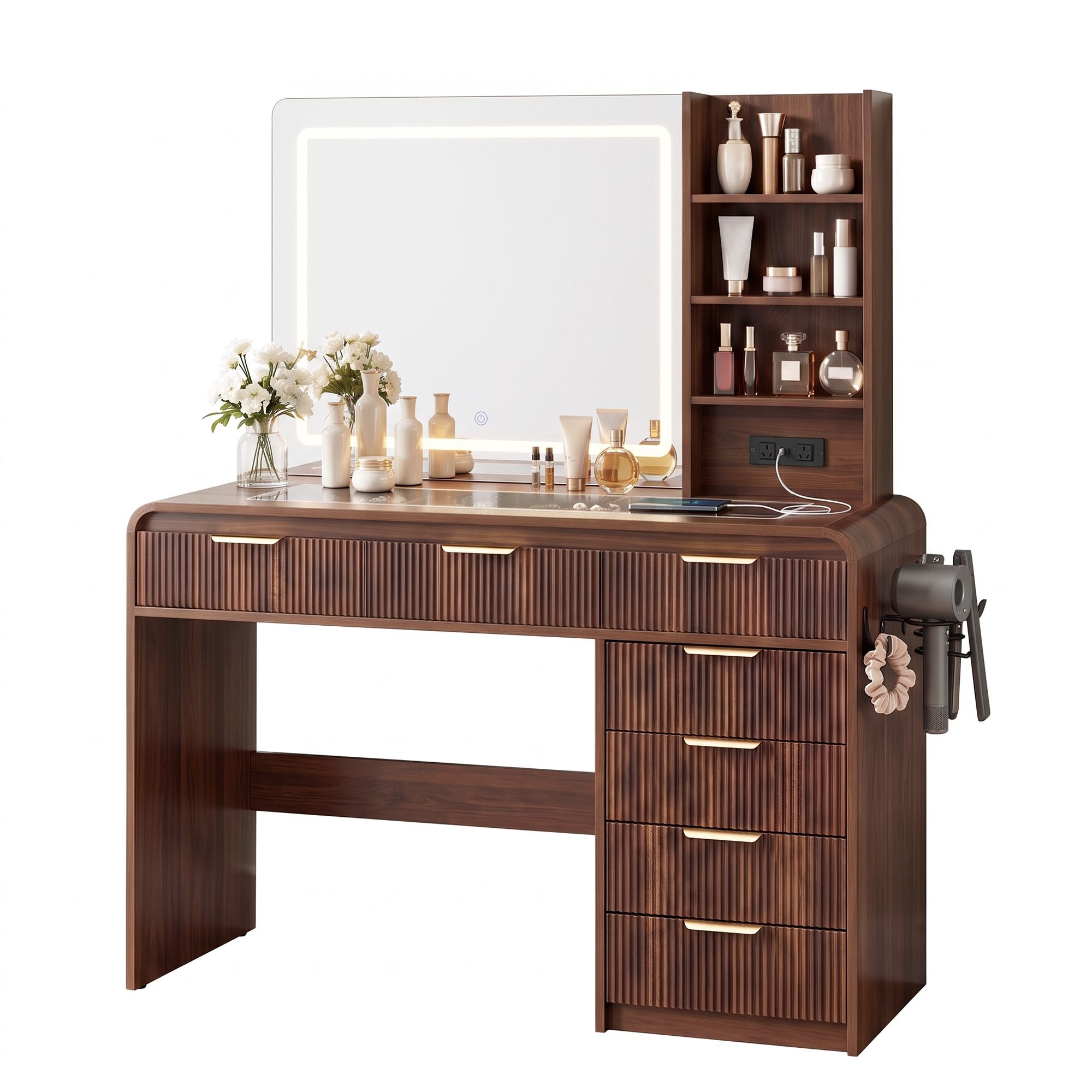 Artiss Dressing Table Vanity Desk LED Lighted Mirror Glass Top 7 Fluted Drawers 120CM Walnut Bedworld