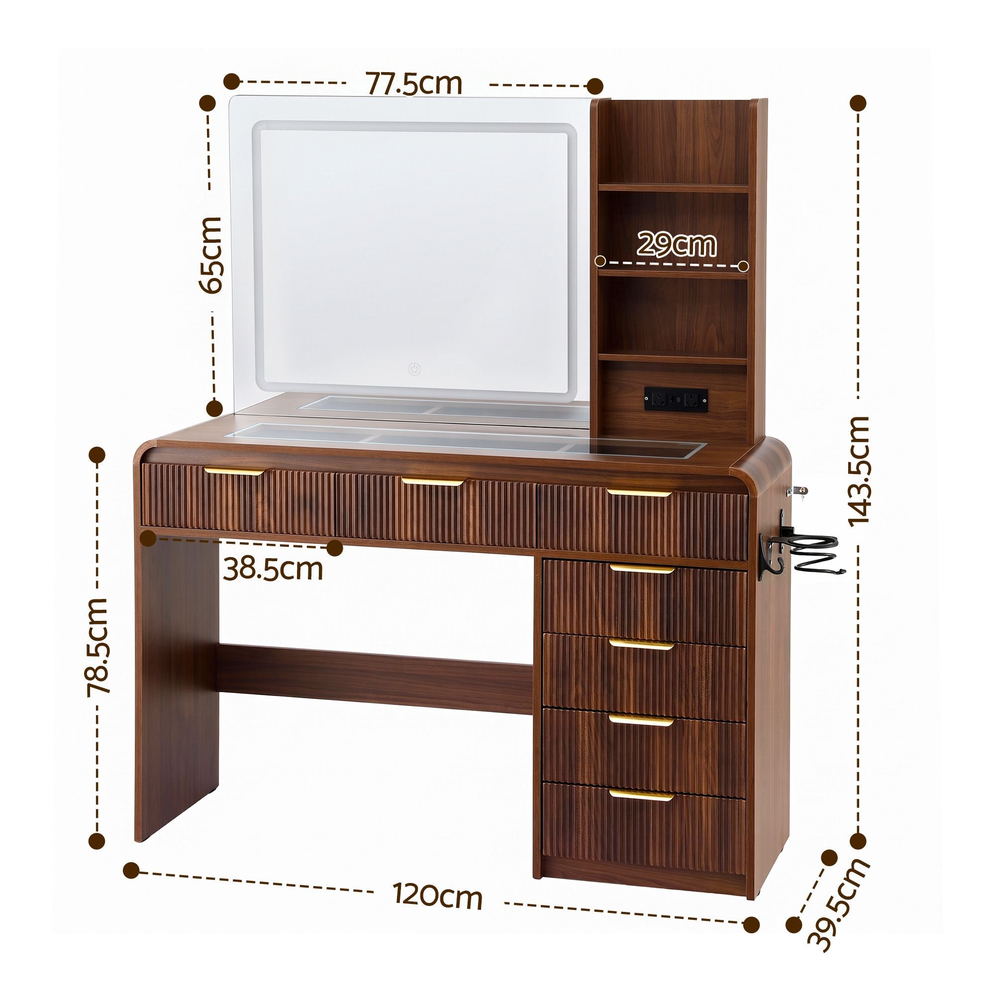 Artiss Dressing Table Vanity Desk LED Lighted Mirror Glass Top 7 Fluted Drawers 120CM Walnut Bedworld