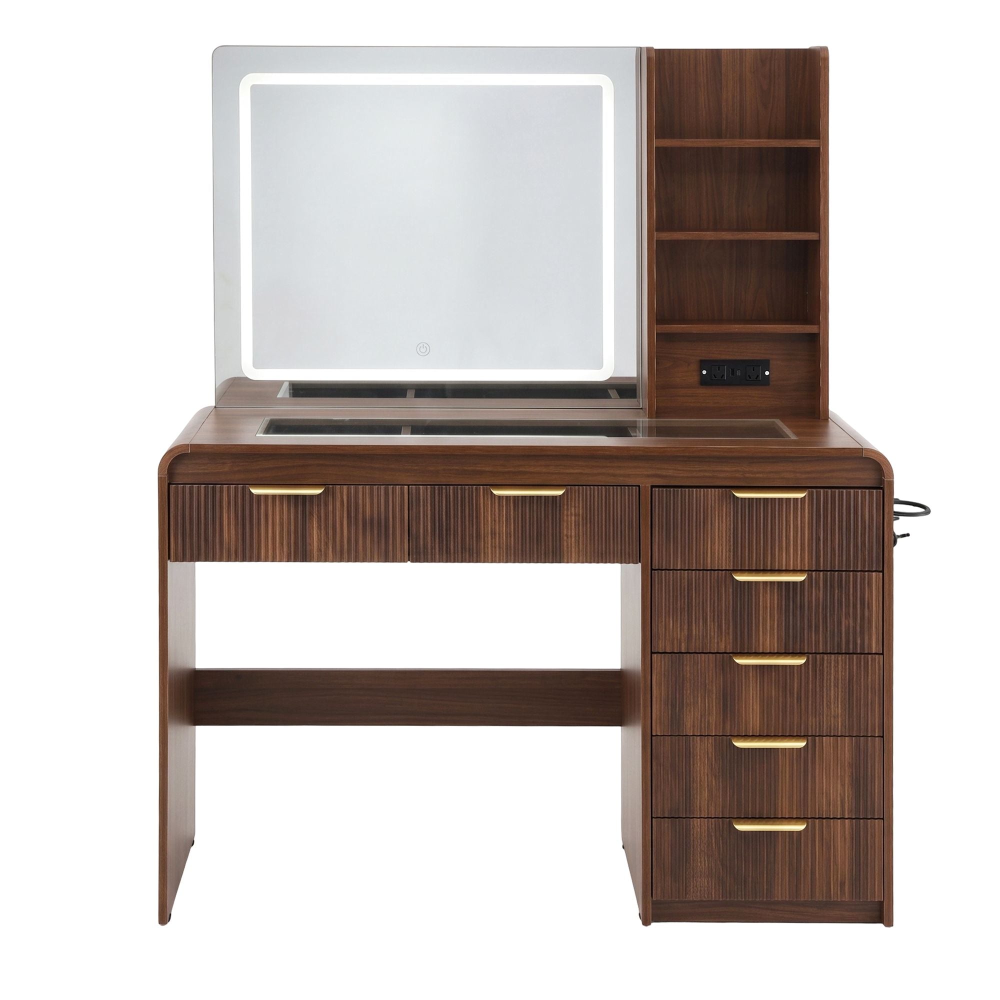 Artiss Dressing Table Vanity Desk LED Lighted Mirror Glass Top 7 Fluted Drawers 120CM Walnut Bedworld