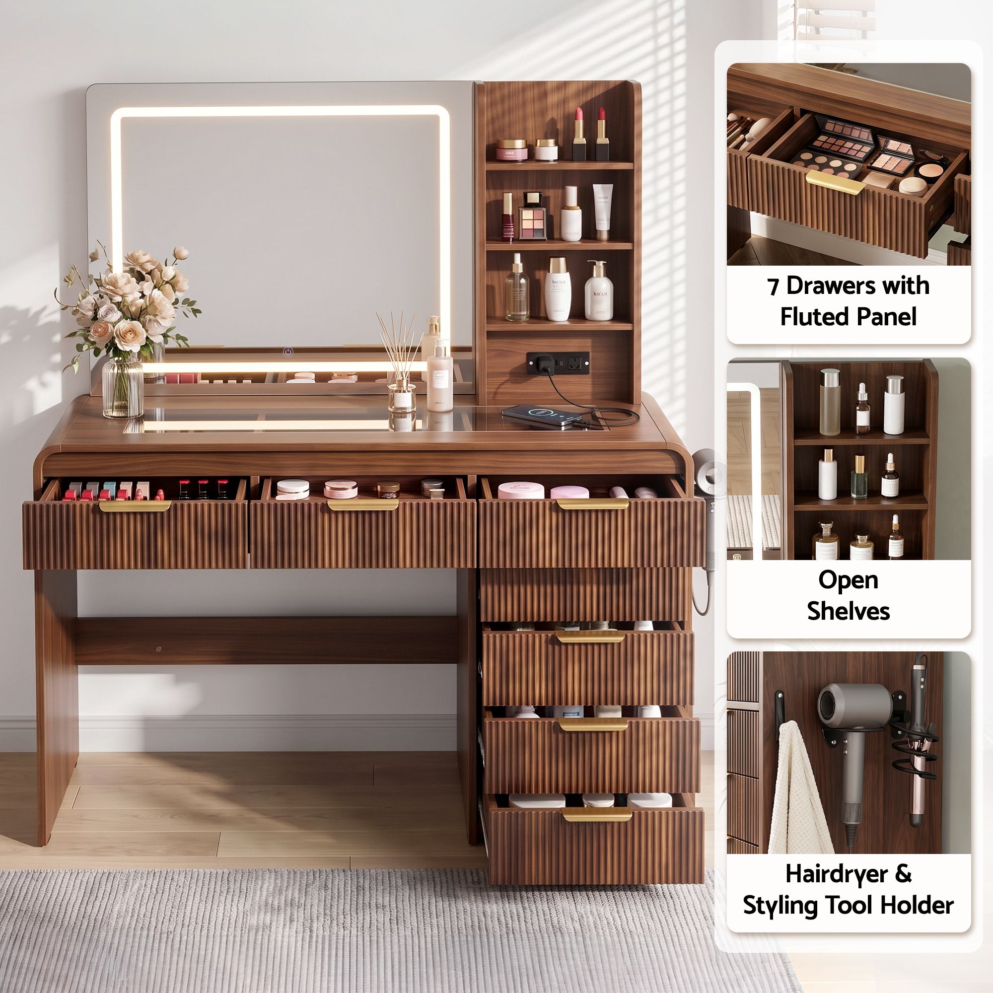 Artiss Dressing Table Vanity Desk LED Lighted Mirror Glass Top 7 Fluted Drawers 120CM Walnut Bedworld