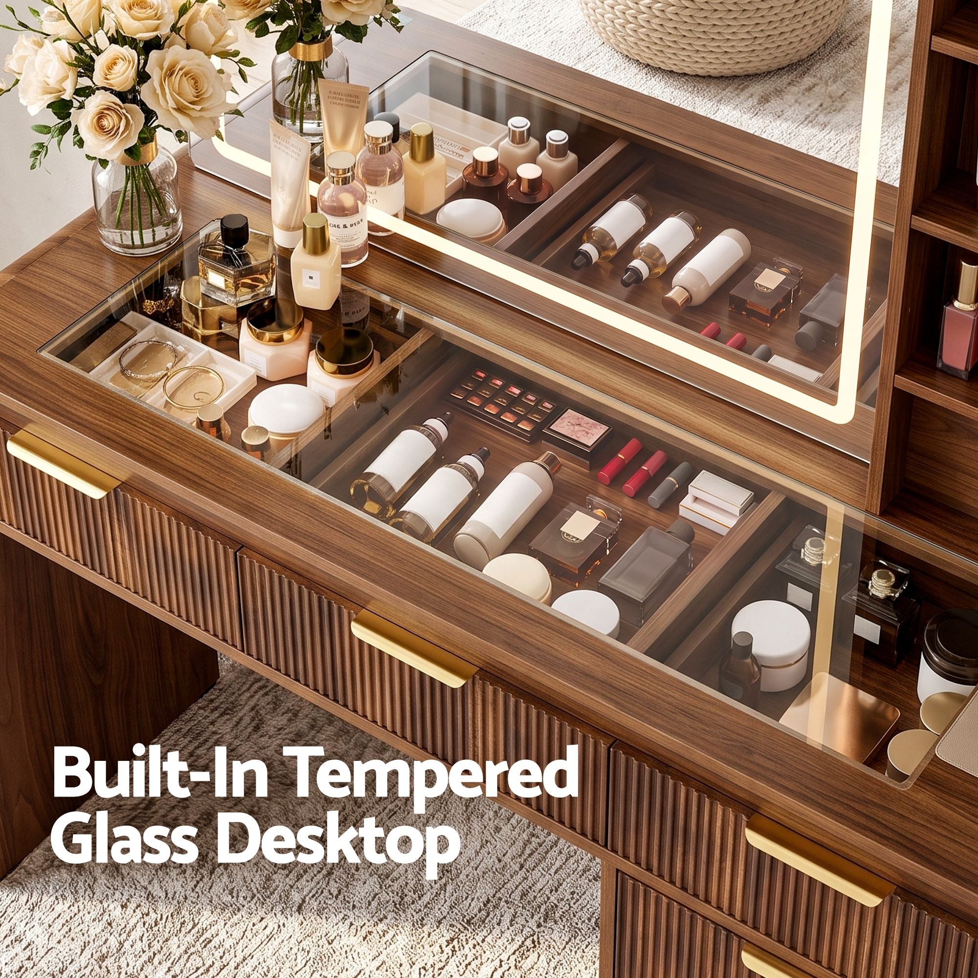 Artiss Dressing Table Vanity Desk LED Lighted Mirror Glass Top 7 Fluted Drawers 120CM Walnut Bedworld