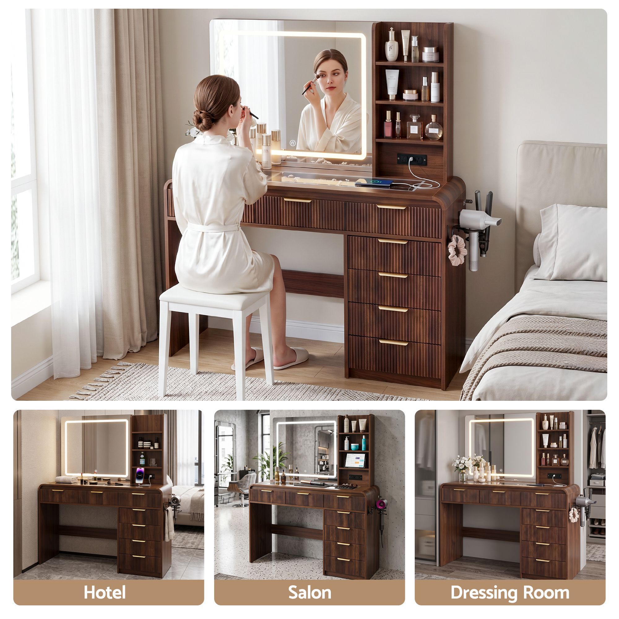 Artiss Dressing Table Vanity Desk LED Lighted Mirror Glass Top 7 Fluted Drawers 120CM Walnut Bedworld