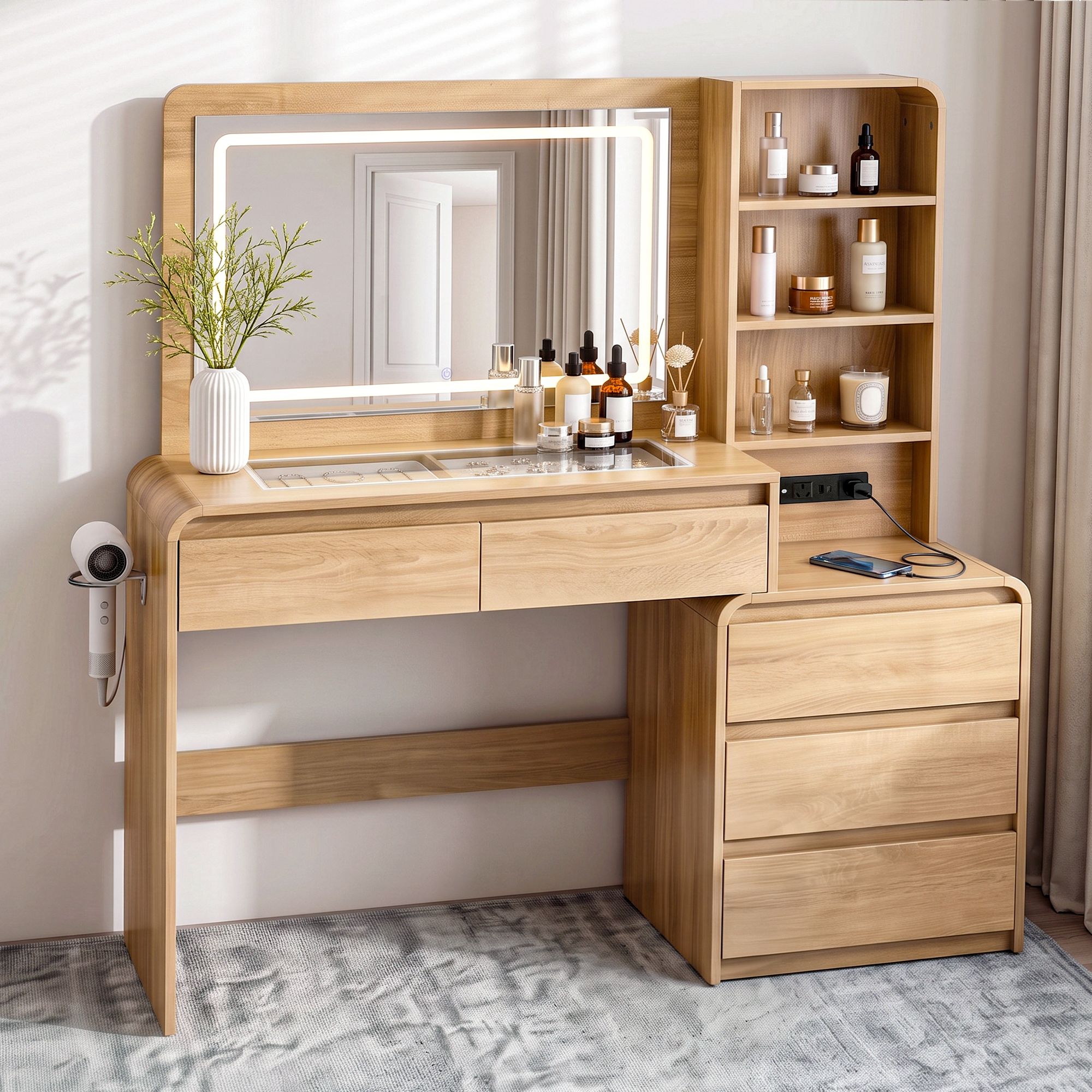 Artiss Dressing Table Makeup Vanity Desk LED Mirror Drawers Charging Station Curved Edge Wood Bedworld
