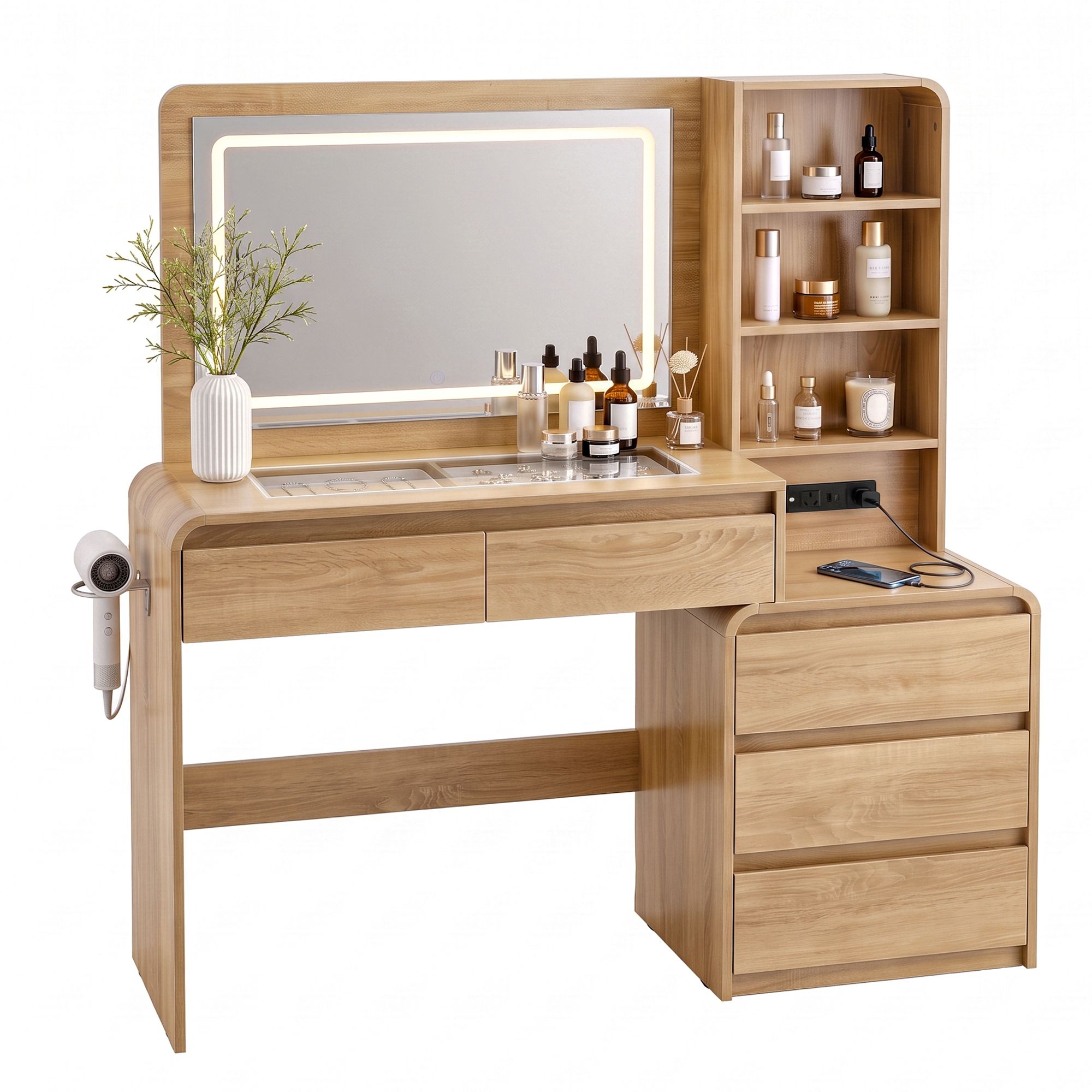 Artiss Dressing Table Makeup Vanity Desk LED Mirror Drawers Charging Station Curved Edge Wood Bedworld