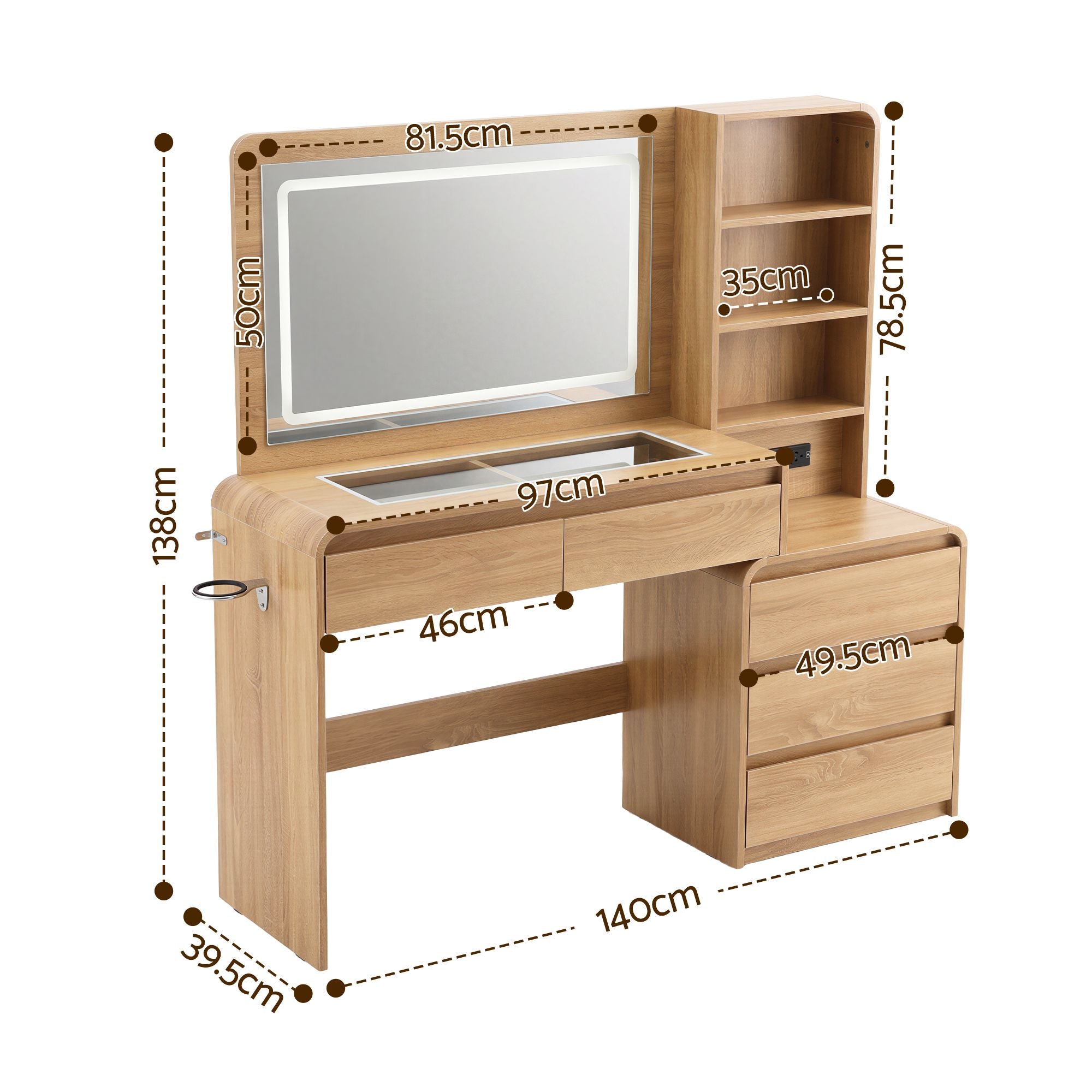 Artiss Dressing Table Makeup Vanity Desk LED Mirror Drawers Charging Station Curved Edge Wood Bedworld
