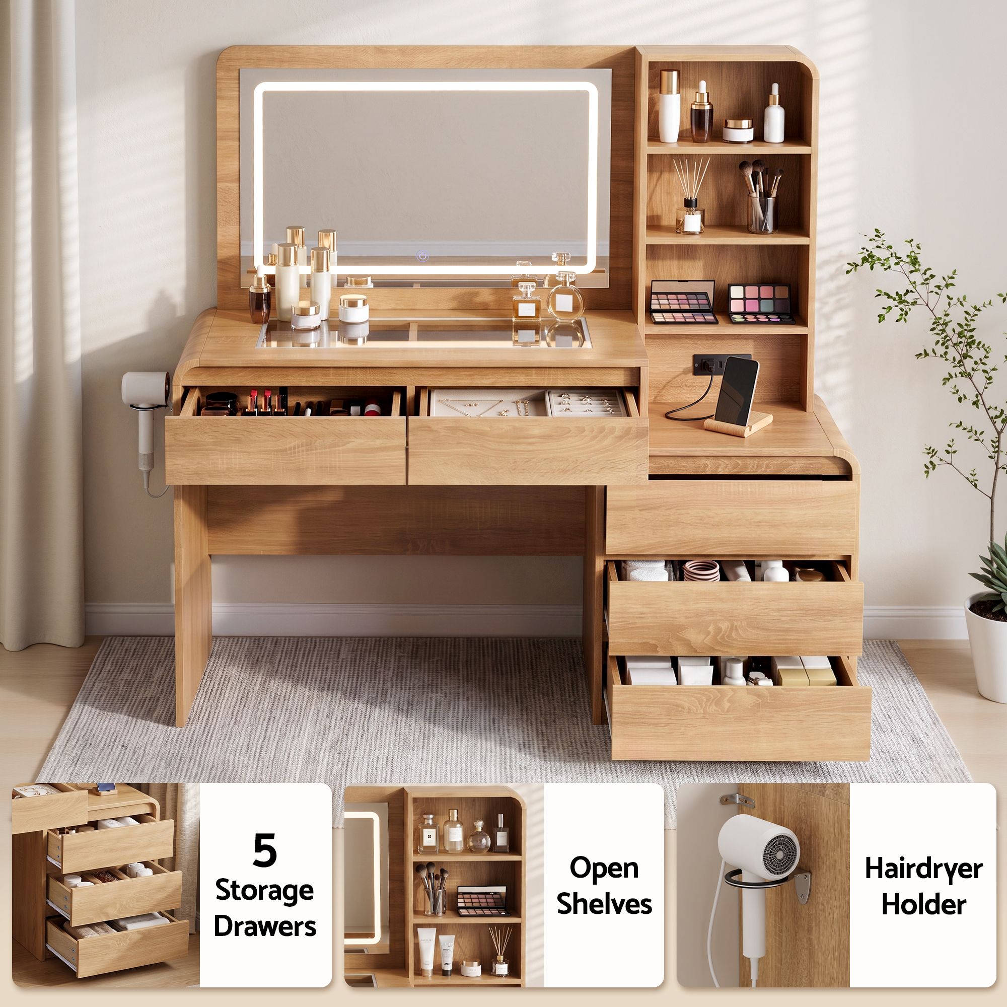 Artiss Dressing Table Makeup Vanity Desk LED Mirror Drawers Charging Station Curved Edge Wood Bedworld