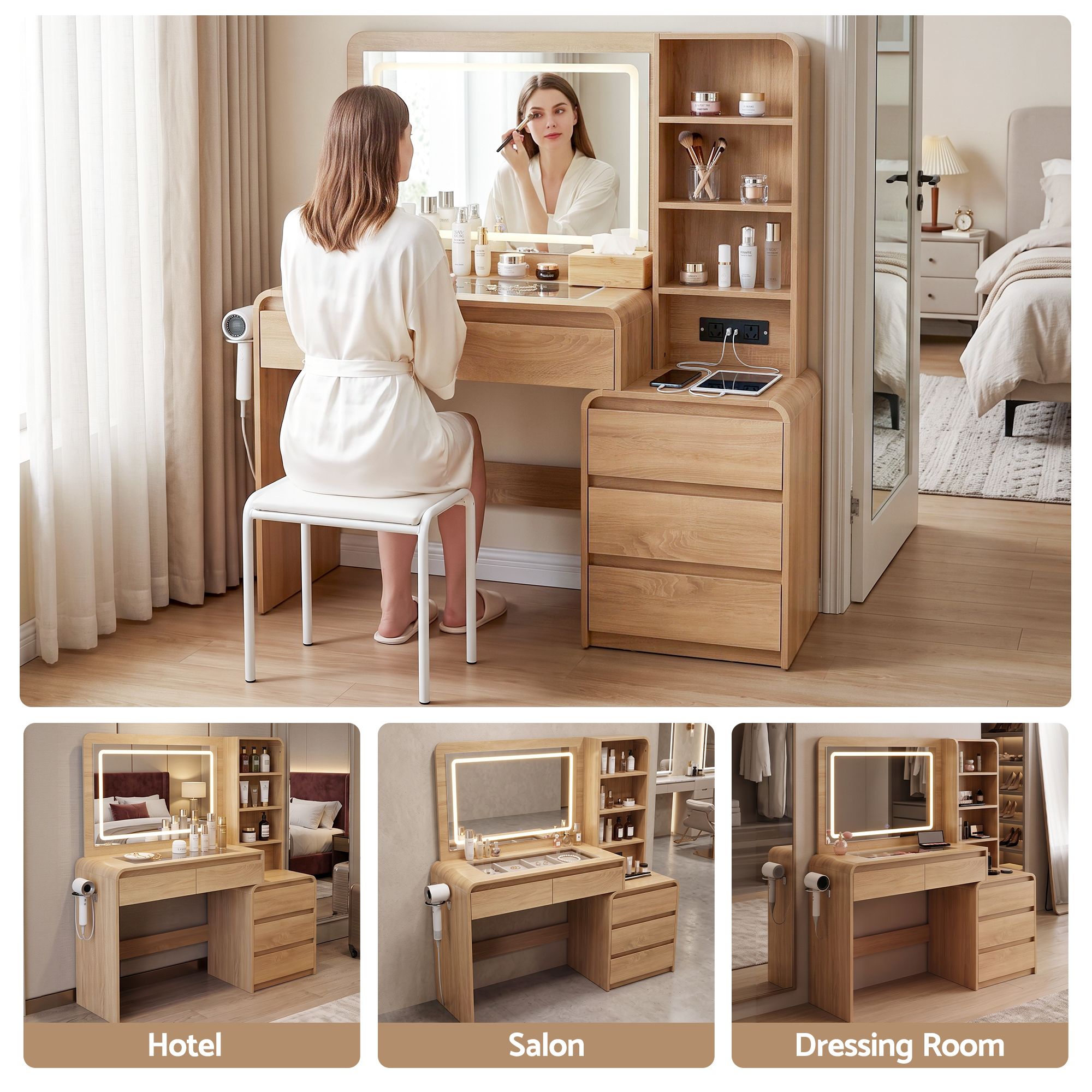 Artiss Dressing Table Makeup Vanity Desk LED Mirror Drawers Charging Station Curved Edge Wood Bedworld