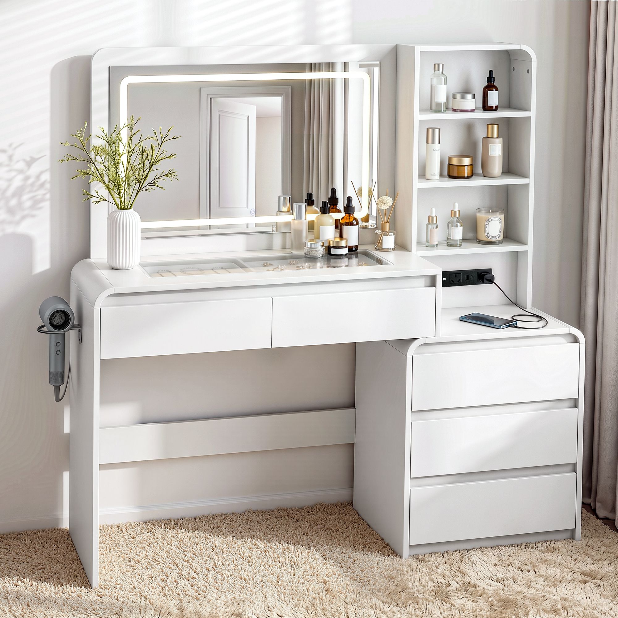Artiss Dressing Table Makeup Vanity Desk LED Mirror Drawers Charging Station Curved Edge White Bedworld