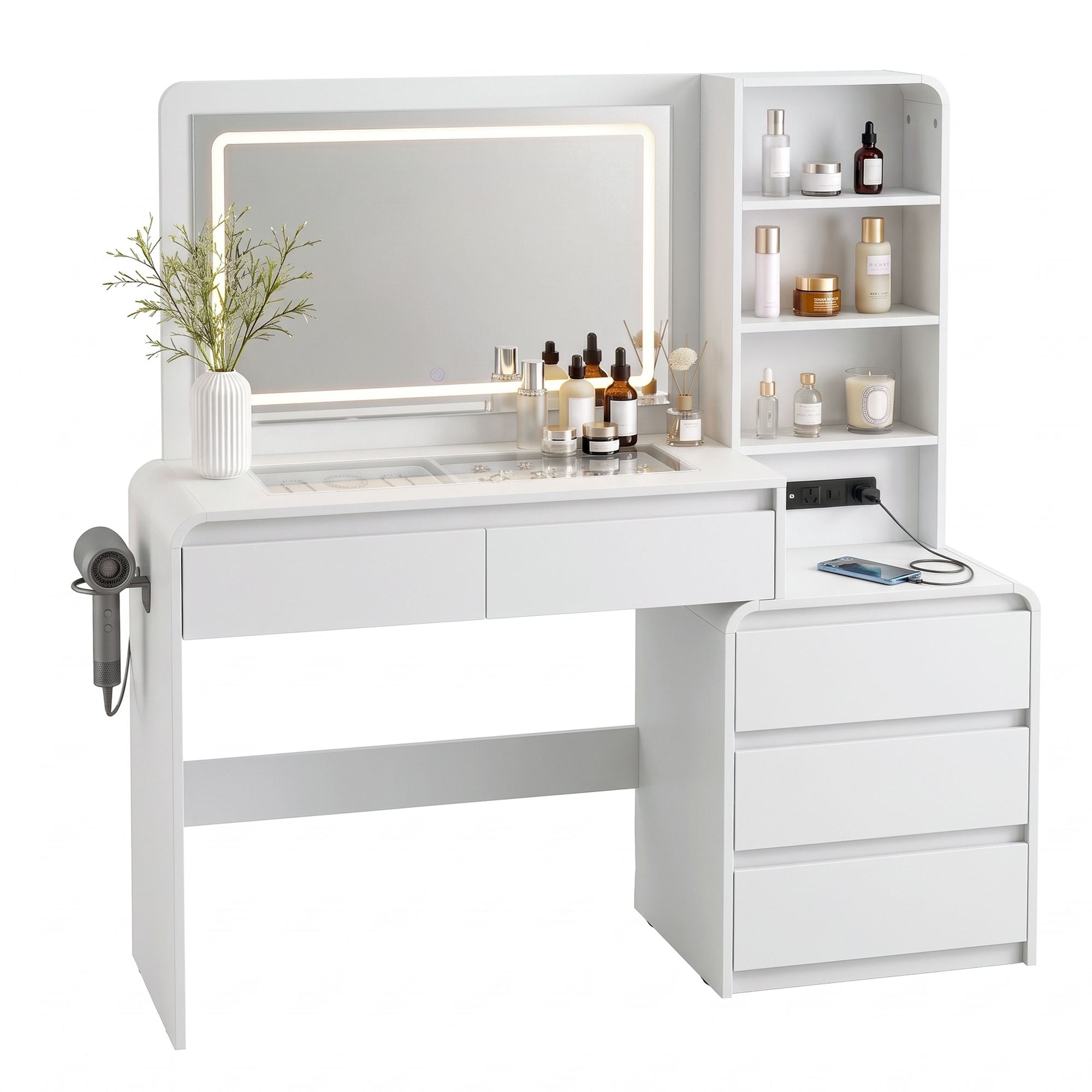 Artiss Dressing Table Makeup Vanity Desk LED Mirror Drawers Charging Station Curved Edge White Bedworld
