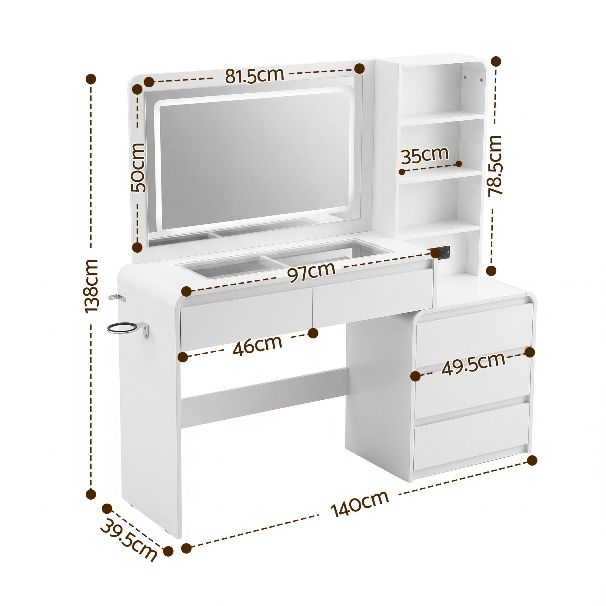 Artiss Dressing Table Makeup Vanity Desk LED Mirror Drawers Charging Station Curved Edge White Bedworld