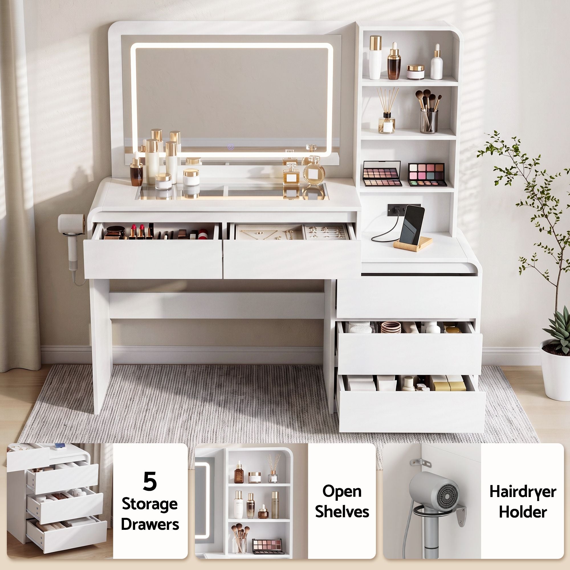 Artiss Dressing Table Makeup Vanity Desk LED Mirror Drawers Charging Station Curved Edge White Bedworld