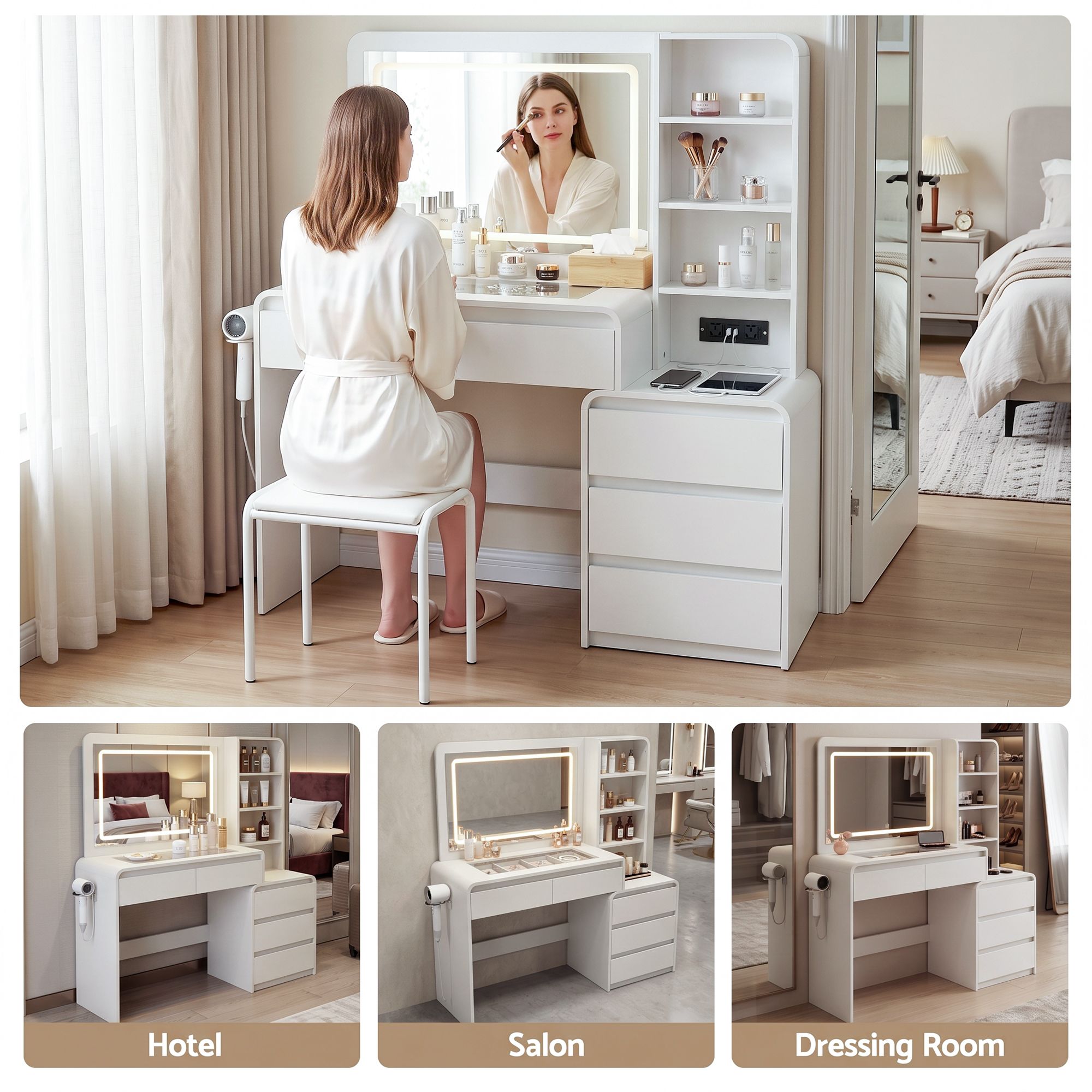 Artiss Dressing Table Makeup Vanity Desk LED Mirror Drawers Charging Station Curved Edge White Bedworld
