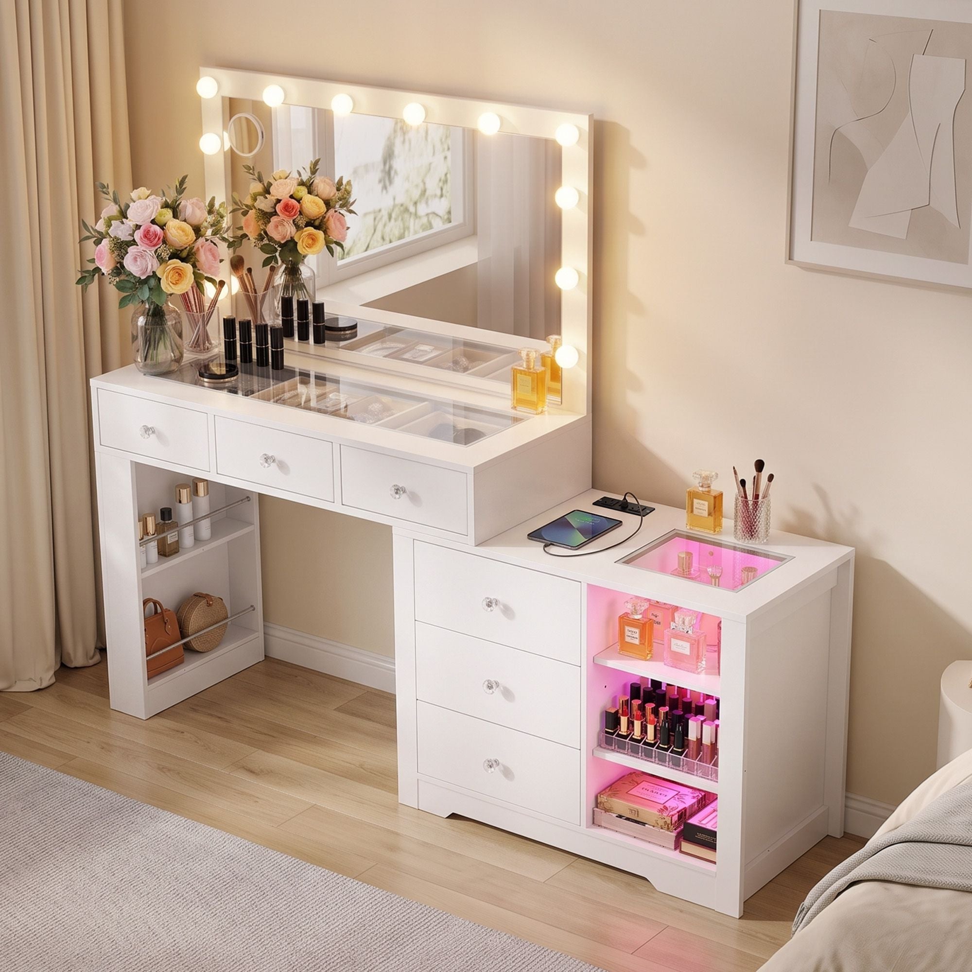 Artiss Dressing Table Mirror Charging Station Glass Top Makeup Vanity Desk RGB Cabinet Storage Drawers Hairdryer Holder White Bedworld
