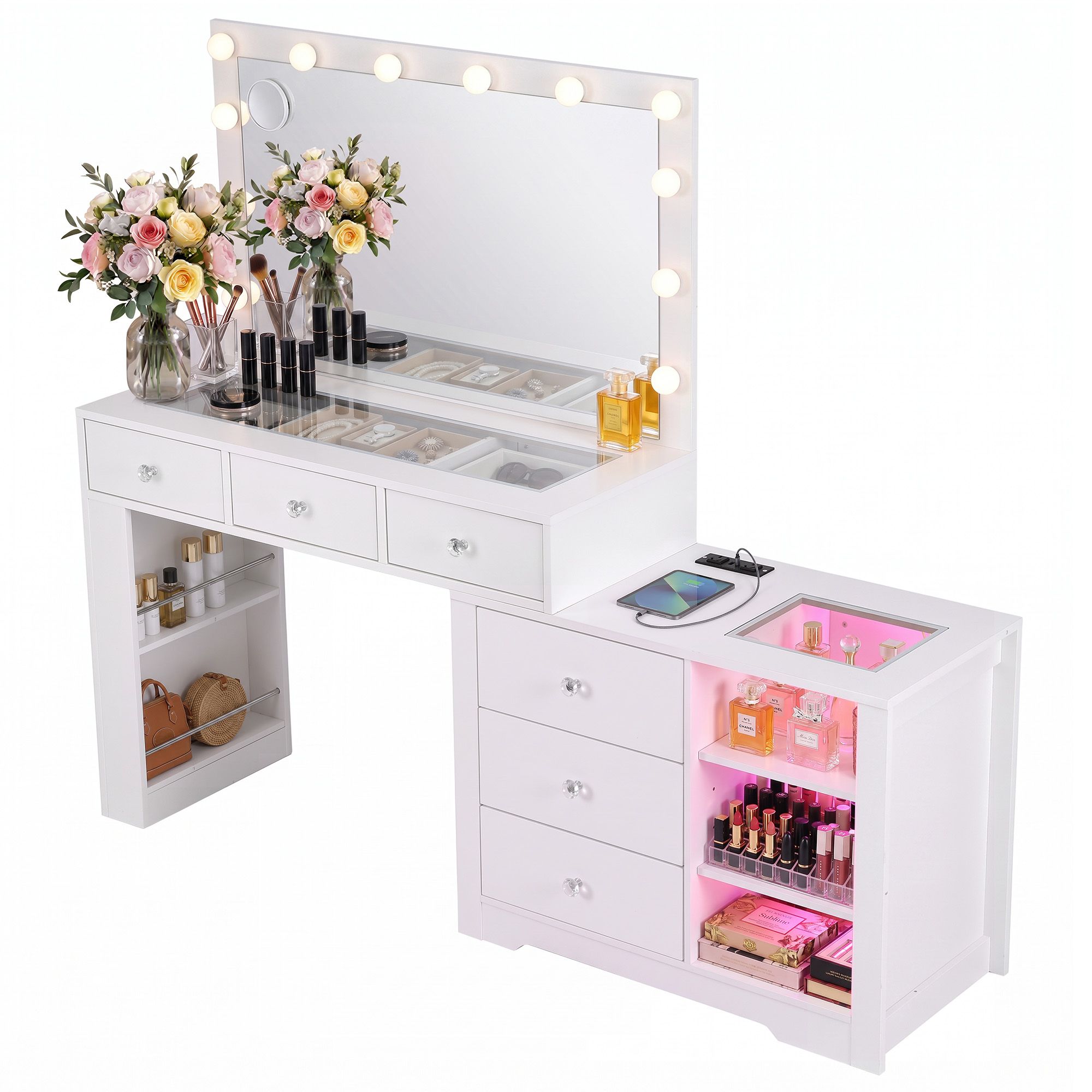 Artiss Dressing Table Mirror Charging Station Glass Top Makeup Vanity Desk RGB Cabinet Storage Drawers Hairdryer Holder White Bedworld