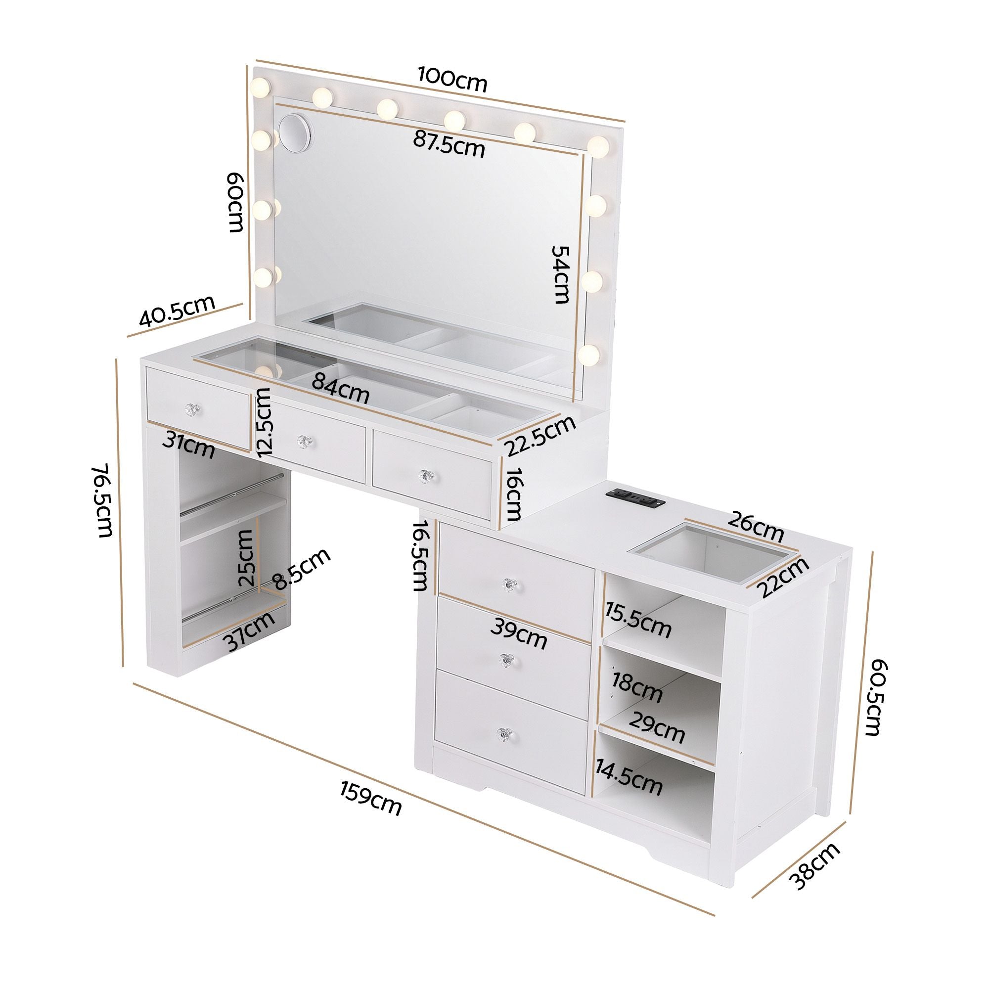 Artiss Dressing Table Mirror Charging Station Glass Top Makeup Vanity Desk RGB Cabinet Storage Drawers Hairdryer Holder White Bedworld