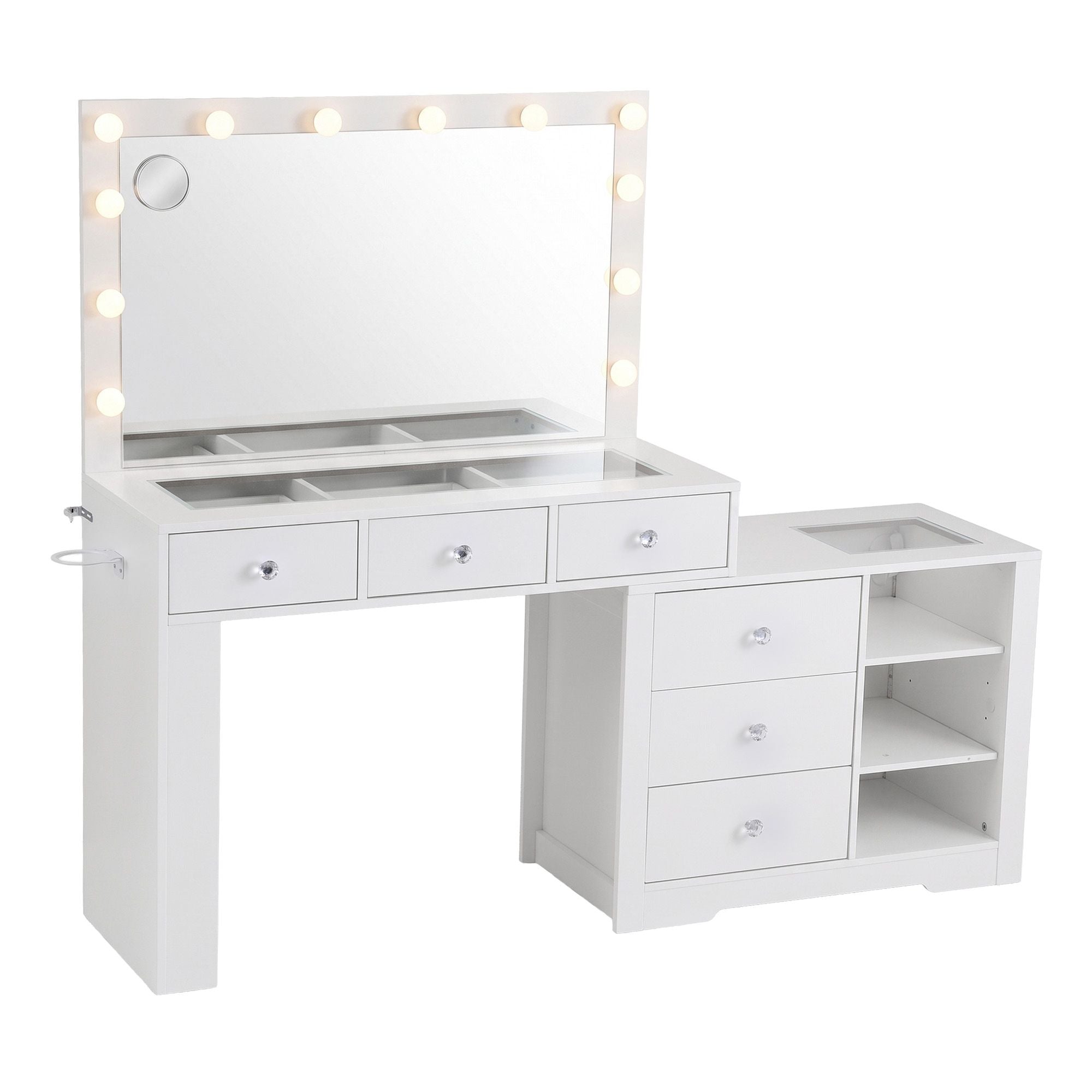 Artiss Dressing Table Mirror Charging Station Glass Top Makeup Vanity Desk RGB Cabinet Storage Drawers Hairdryer Holder White Bedworld