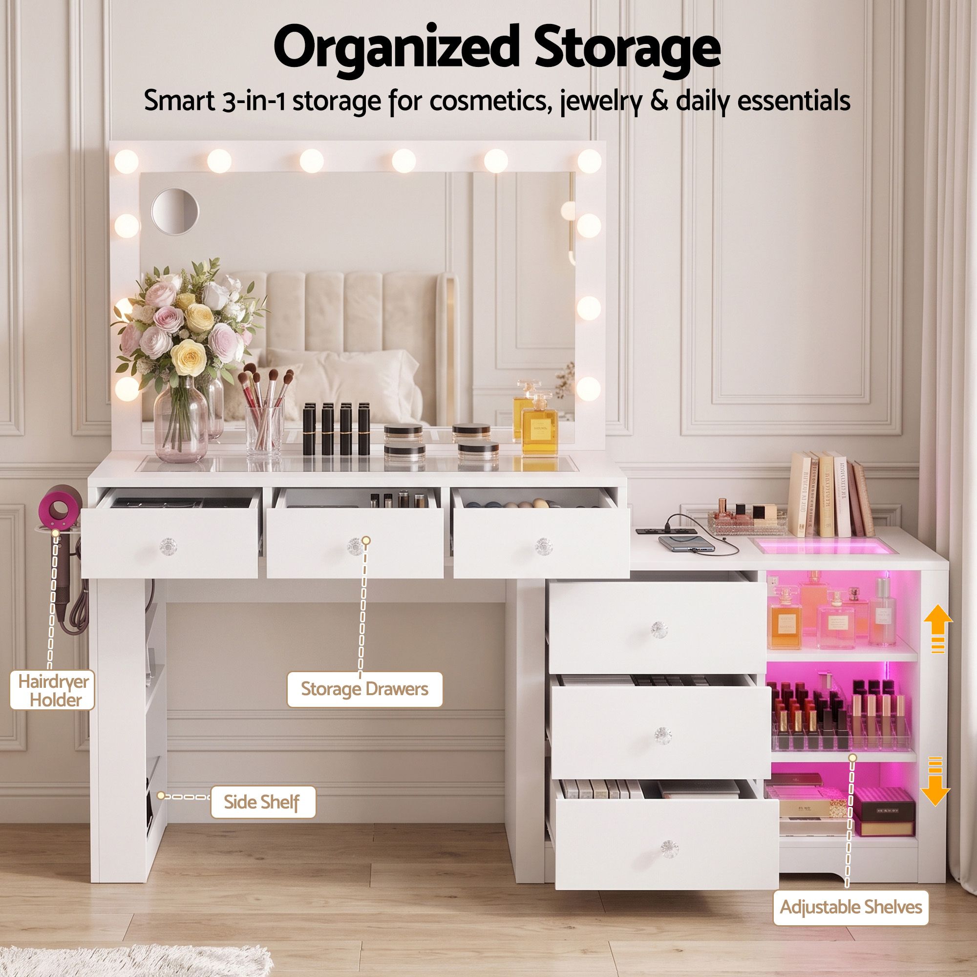 Artiss Dressing Table Mirror Charging Station Glass Top Makeup Vanity Desk RGB Cabinet Storage Drawers Hairdryer Holder White Bedworld
